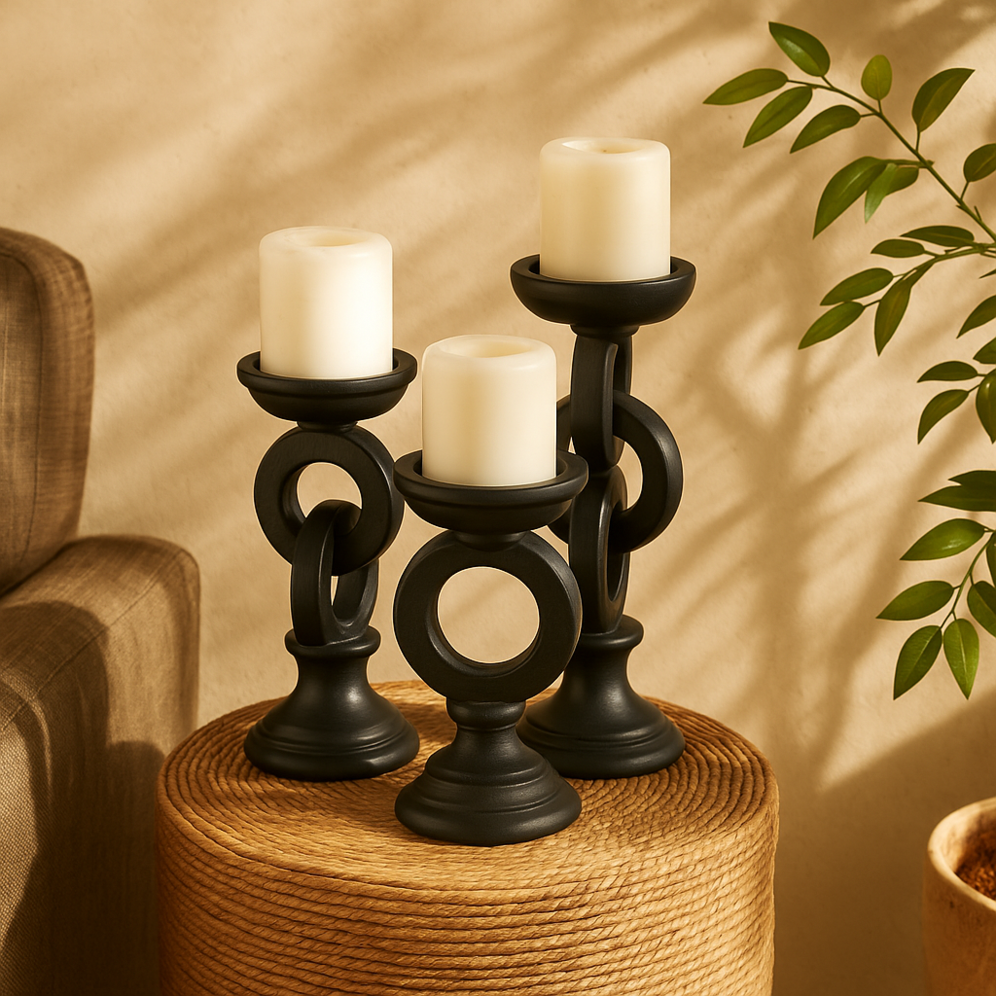 Set of 3 Wooden Chain Link Decorative Candle Holder Set of 3 13", 11", 9"H
