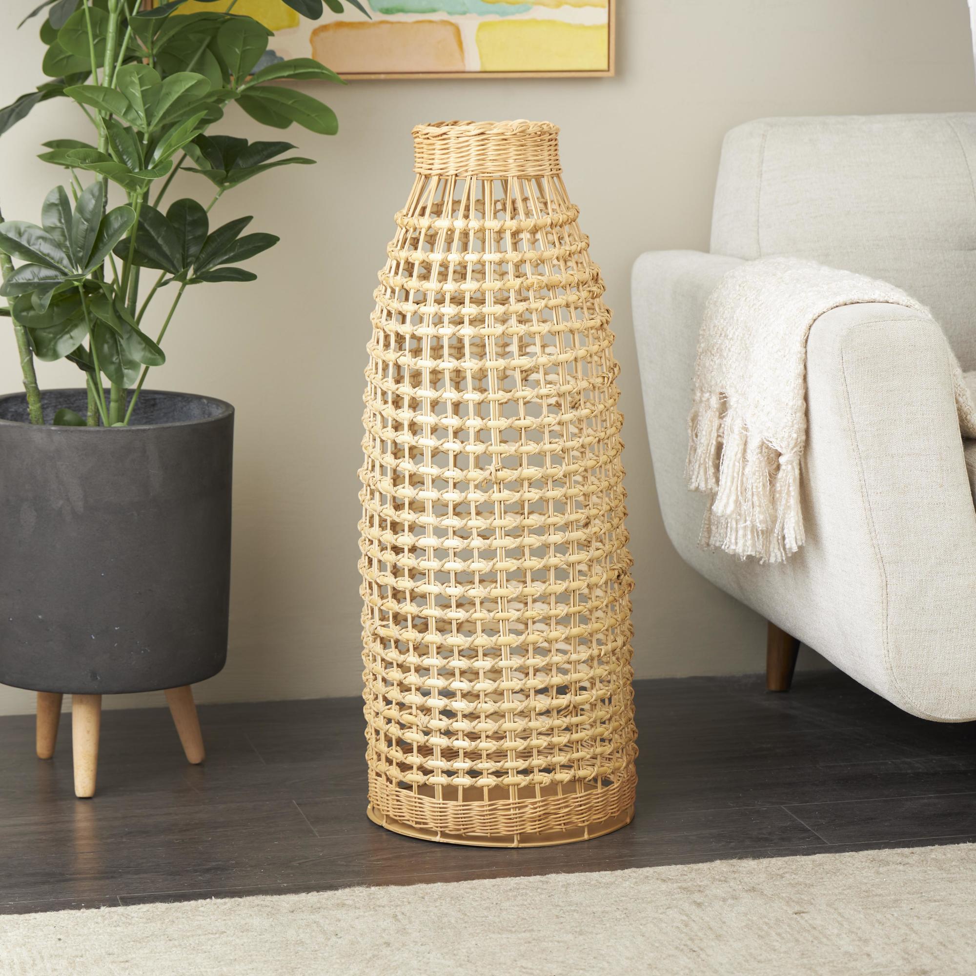 Brown Rattan Handmade Woven Decorative Vase with Open Framed Grid Design