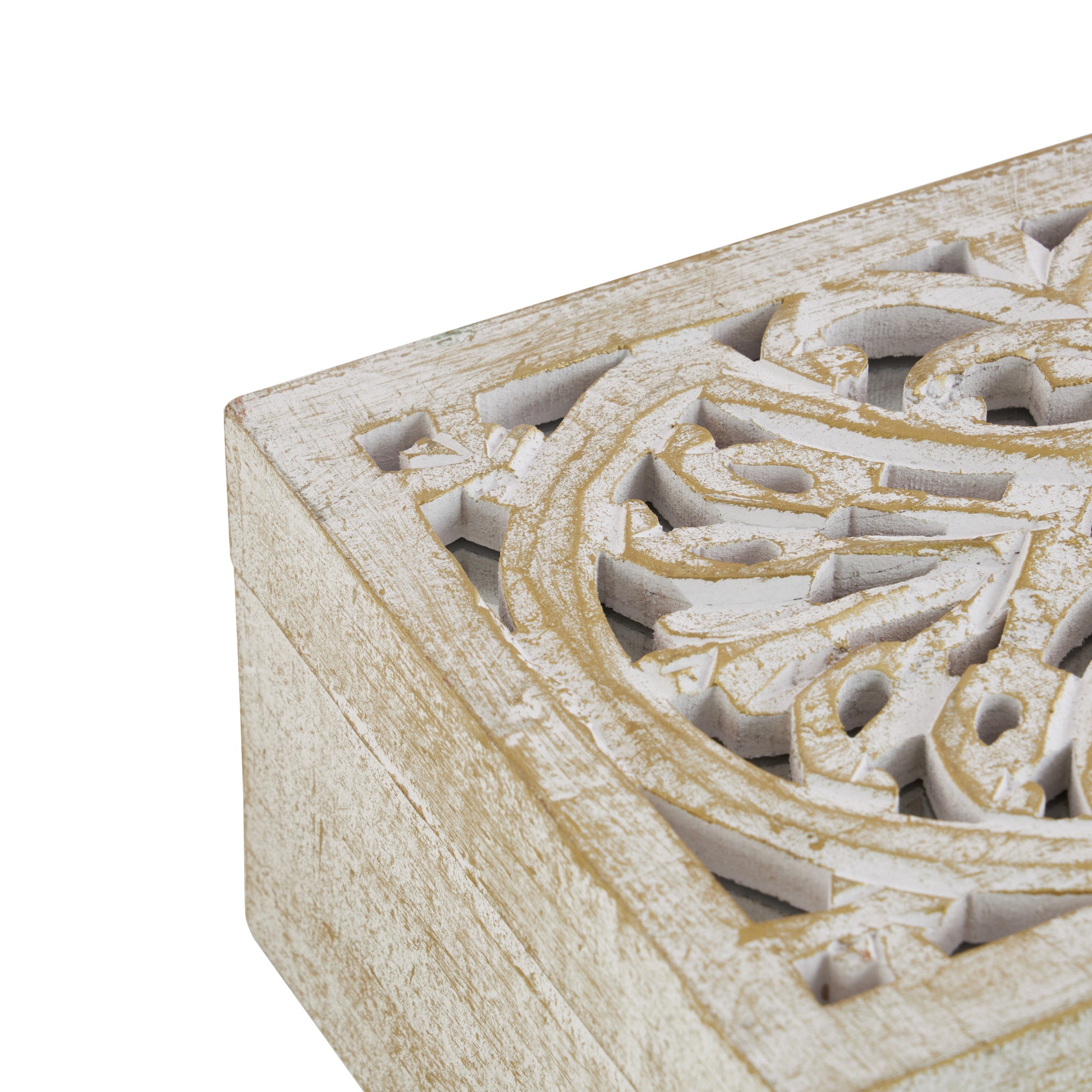 Set of 3 Floral White Mango Wood Handmade Decorative Box with Hinged Lid