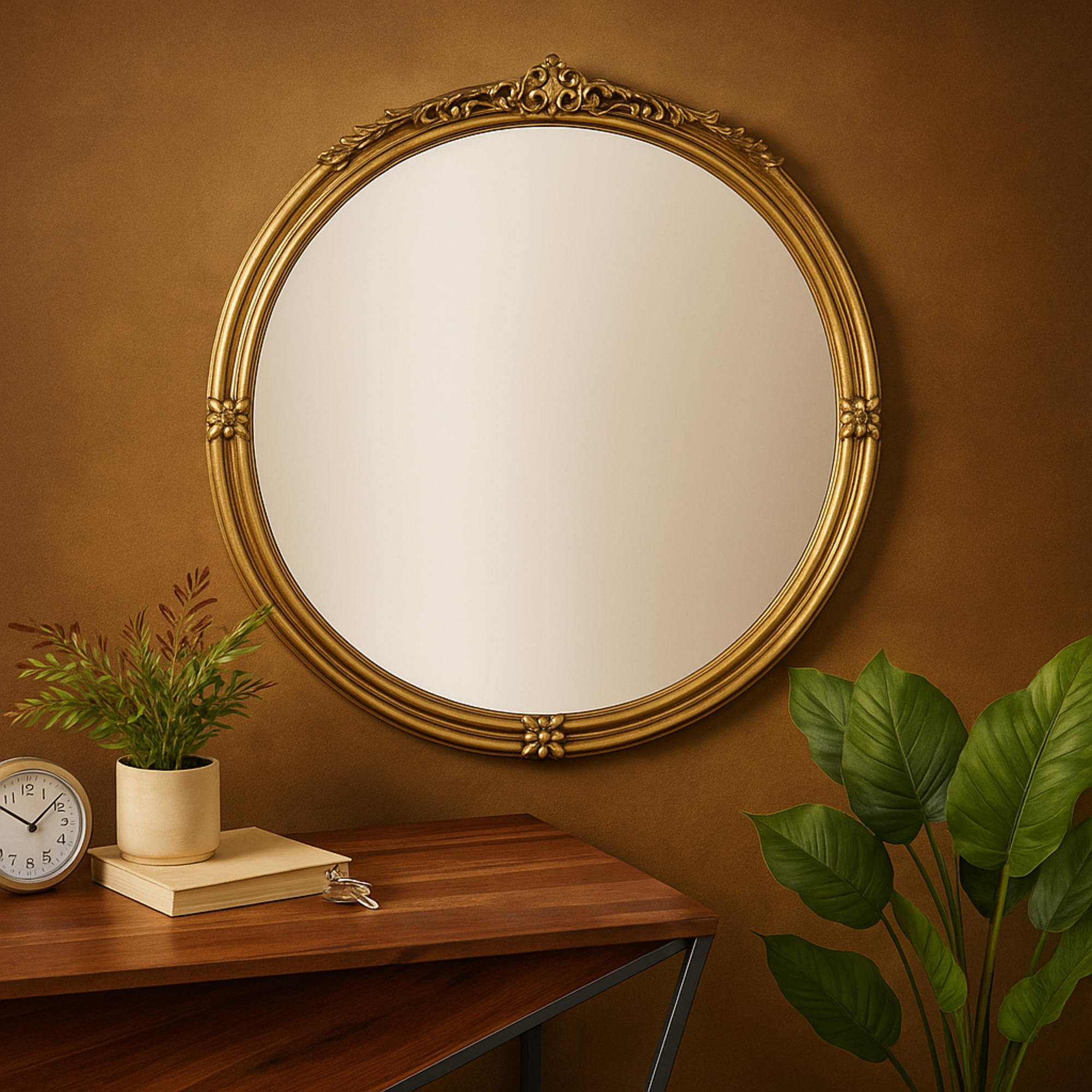 Scroll Gold Metal Layered Frame Room Wall Mirror with Floral Accents