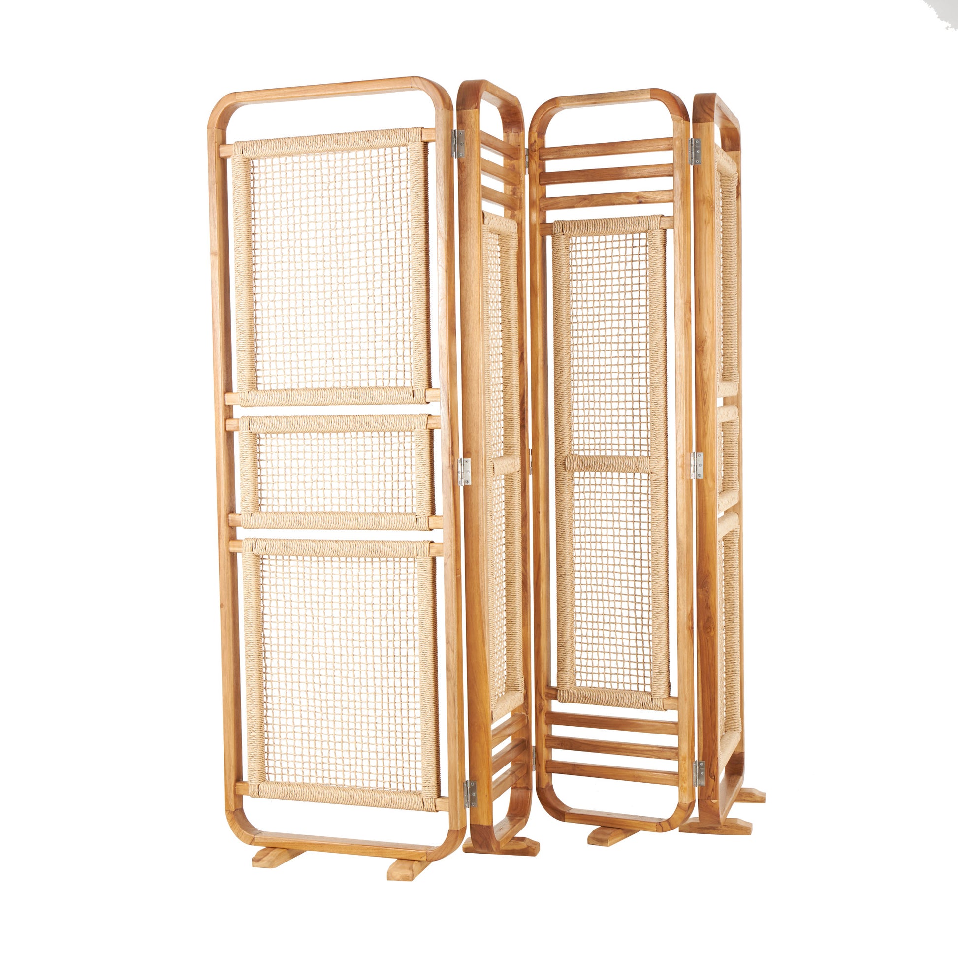 Brown Teak Wood Handmade Foldable Partition 4 Panel Partition Room Divider Screen with Woven Rattan Panels