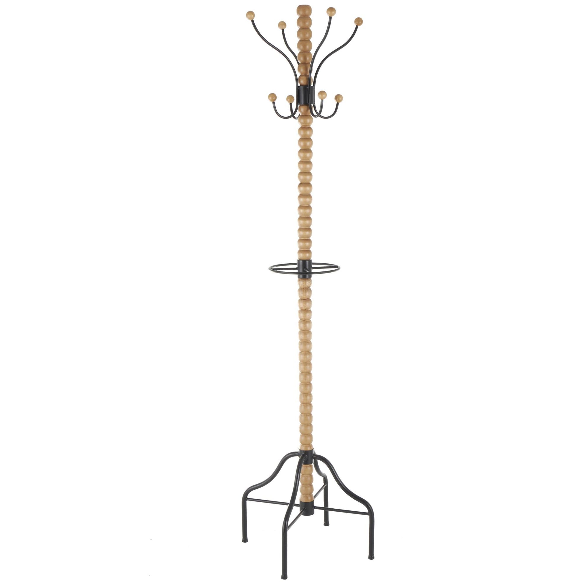 Brown Wood Spindle 8 Hook Freestanding Coat Rack with Black Metal Accents and Beaded Ends