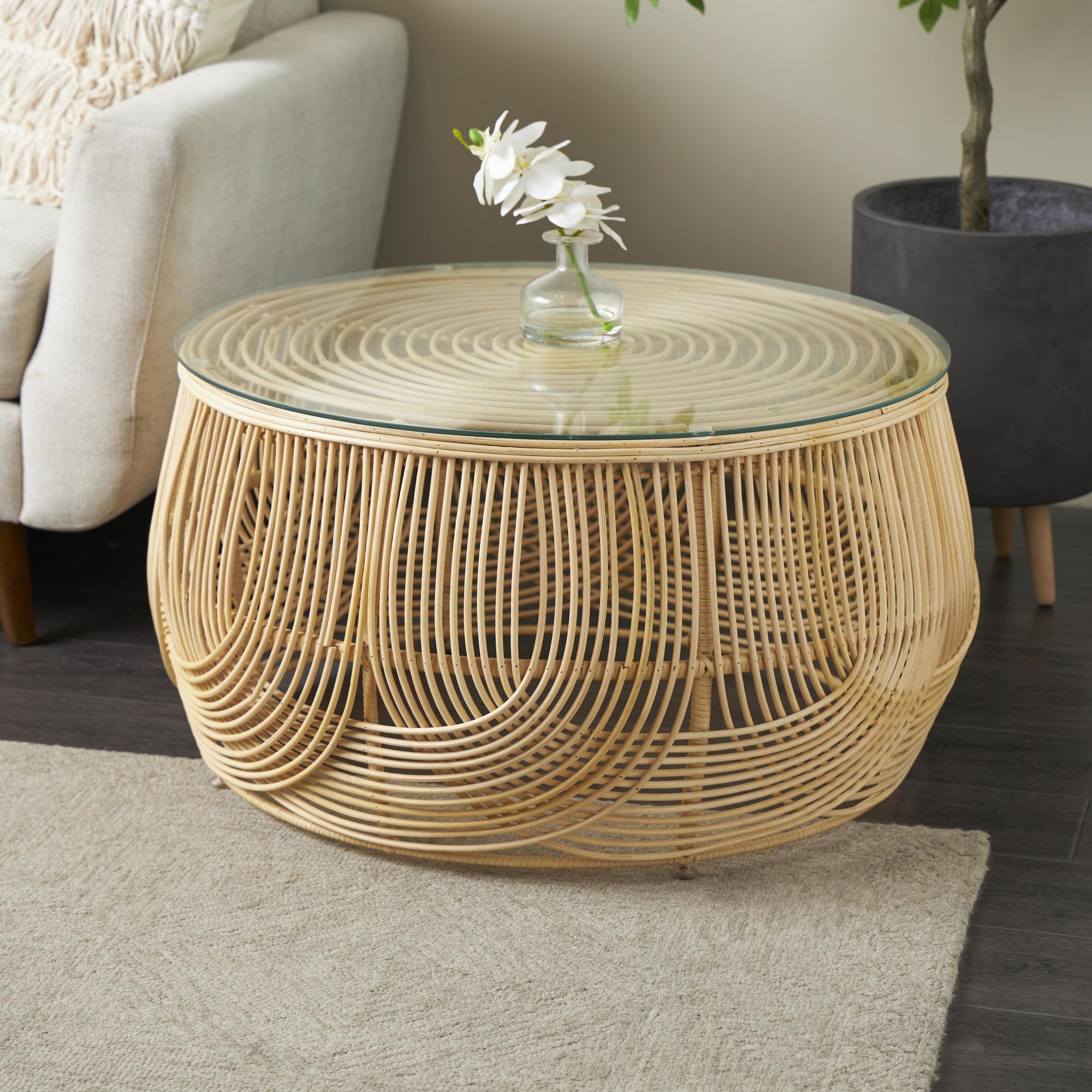 Light Brown Rattan Living Room Coffee Table with Glass Top