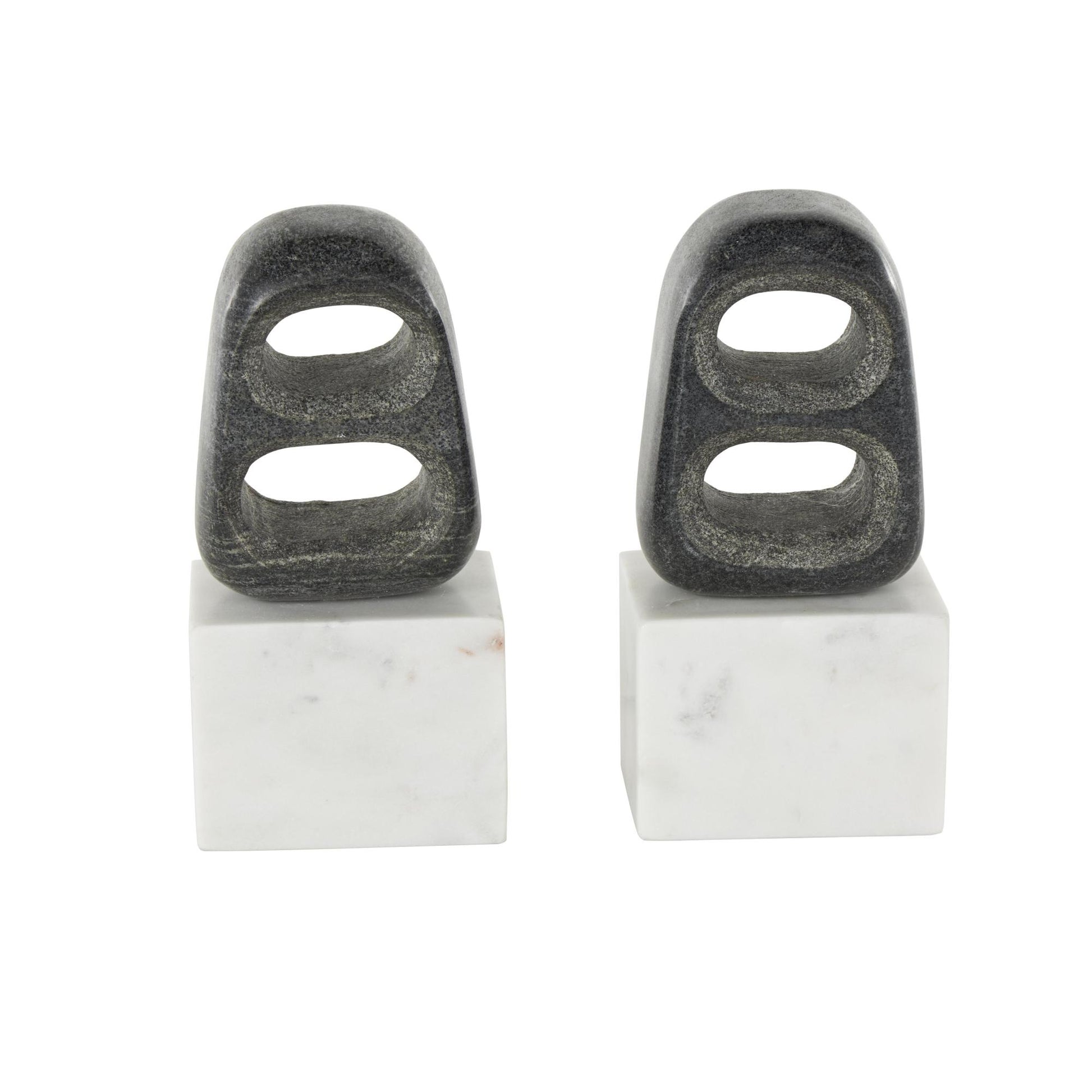 Set of 2 Geometric White Marble Cutout Oval Decorative Bookends with White Block Base