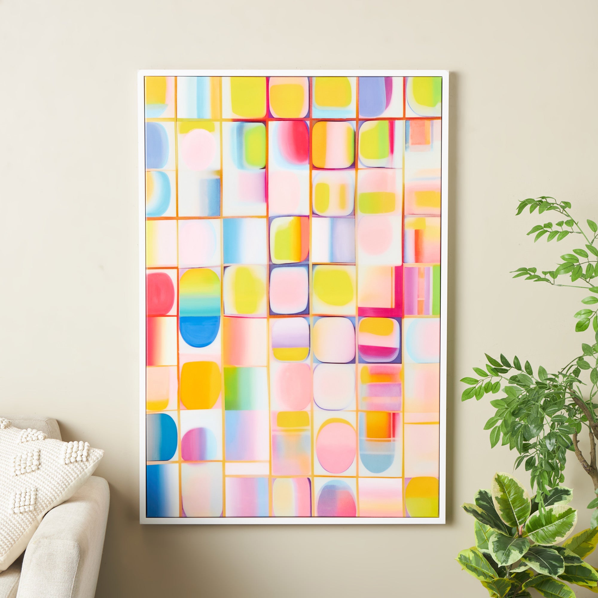Geometric Multi Colored Canvas Ombre Square Pop Art Living Room Framed Wall Art with White Frame