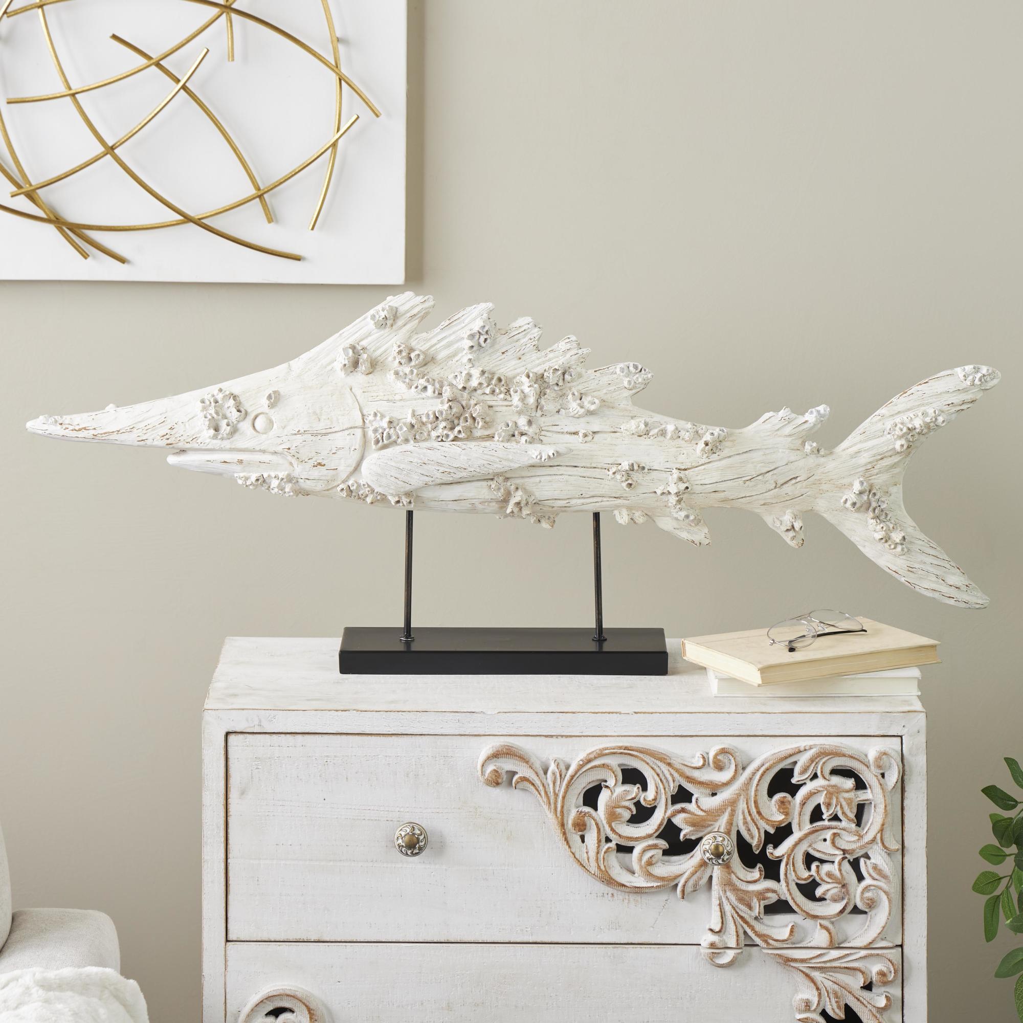 Fish Cream Polystone Textured Decorative Sculpture with Brown Distressing and Black Metal Stand