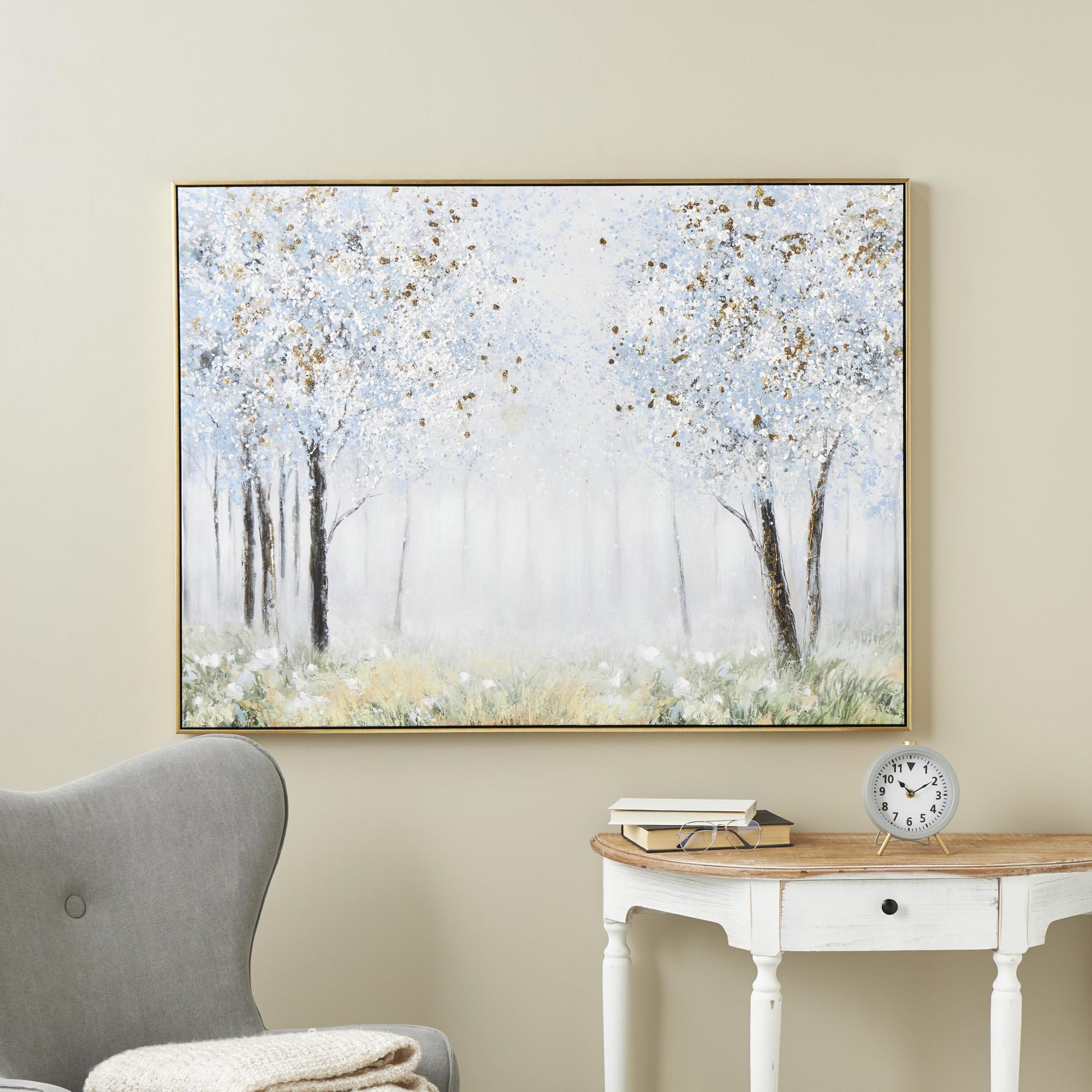 Landscape Blue Canvas Forest Living Room Framed Wall Art with Gold Foil Accents