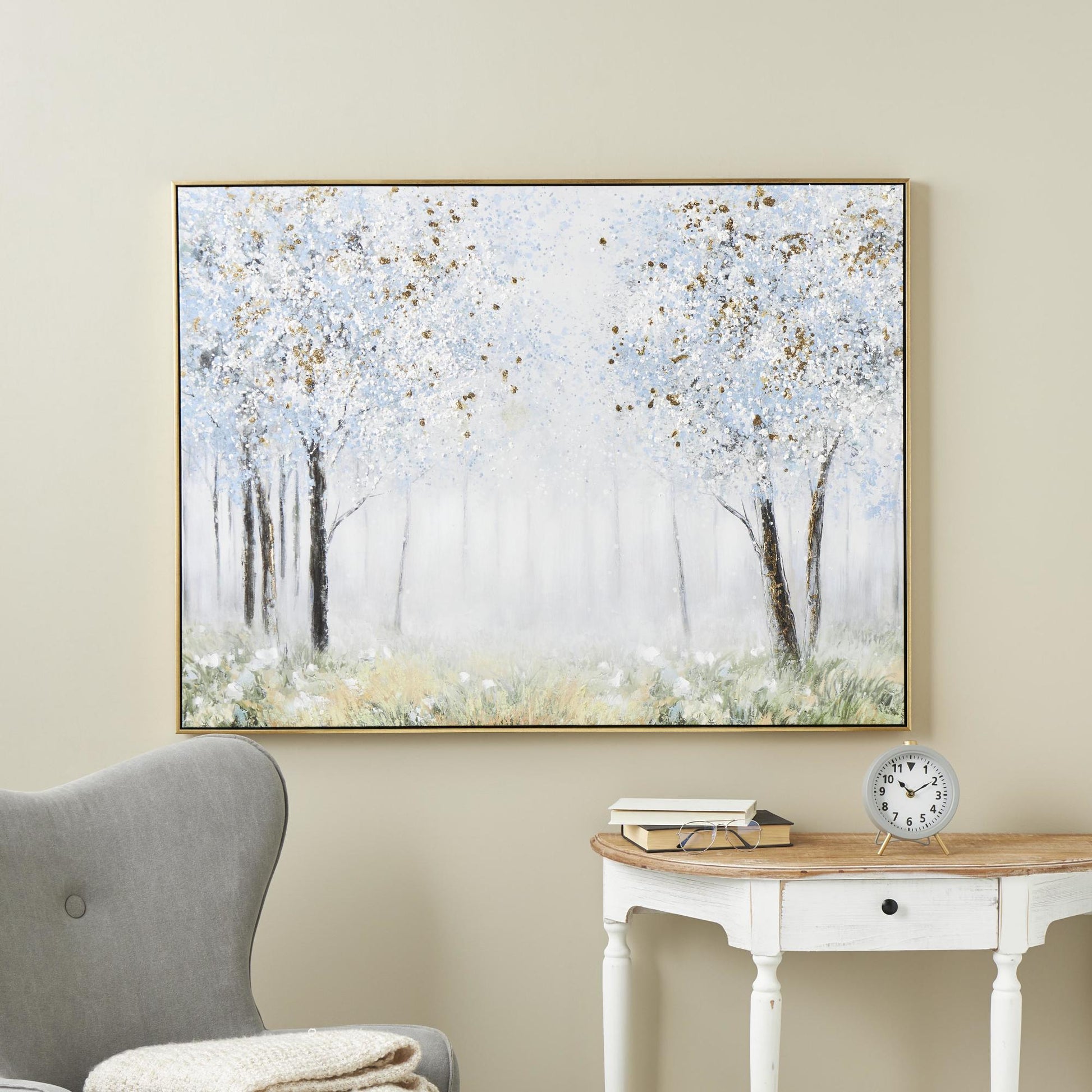 Landscape Blue Canvas Forest Living Room Framed Wall Art with Gold Foil Accents