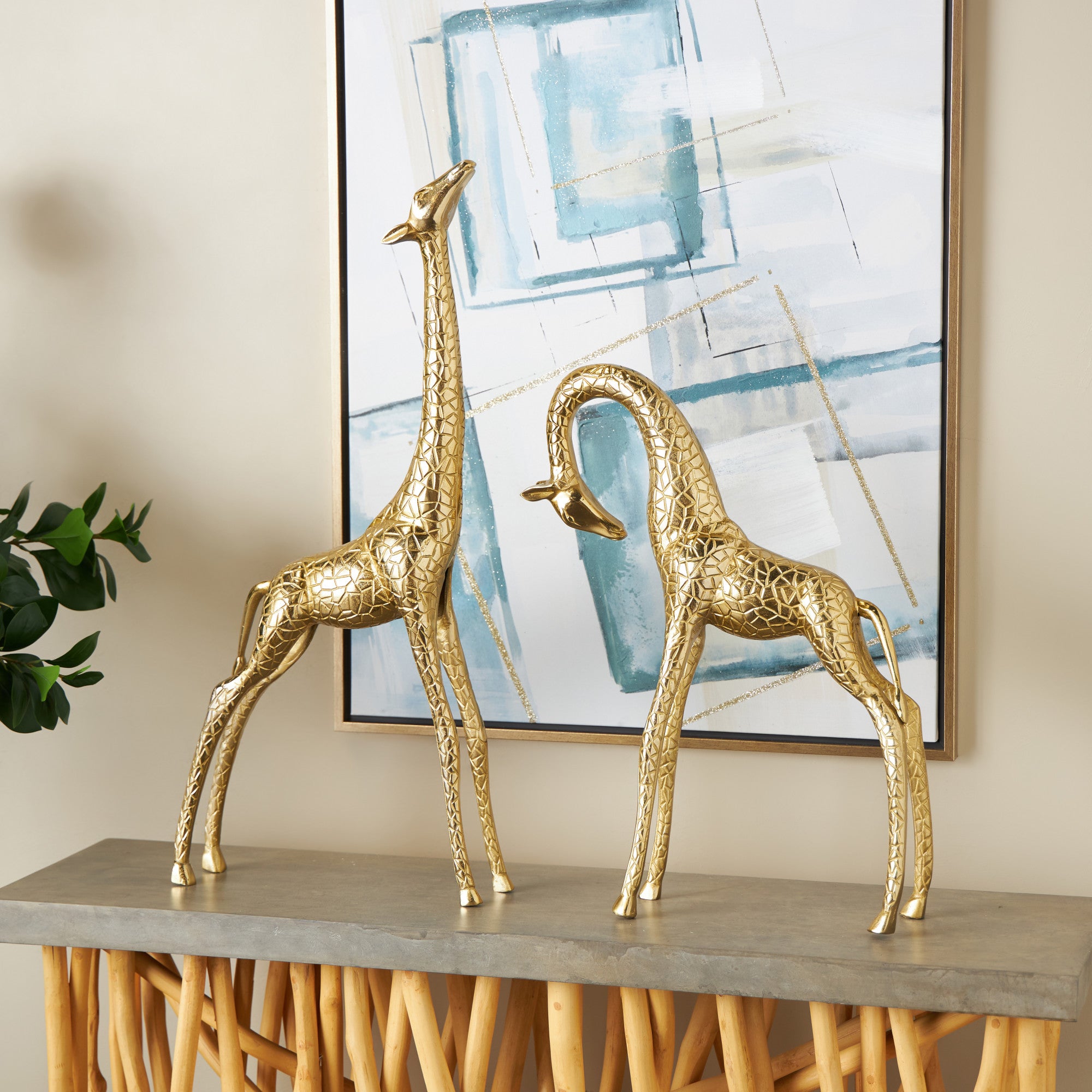 Set of 2 Giraffe Gold Aluminum Metal Standing Decorative Sculpture with Carved Spots