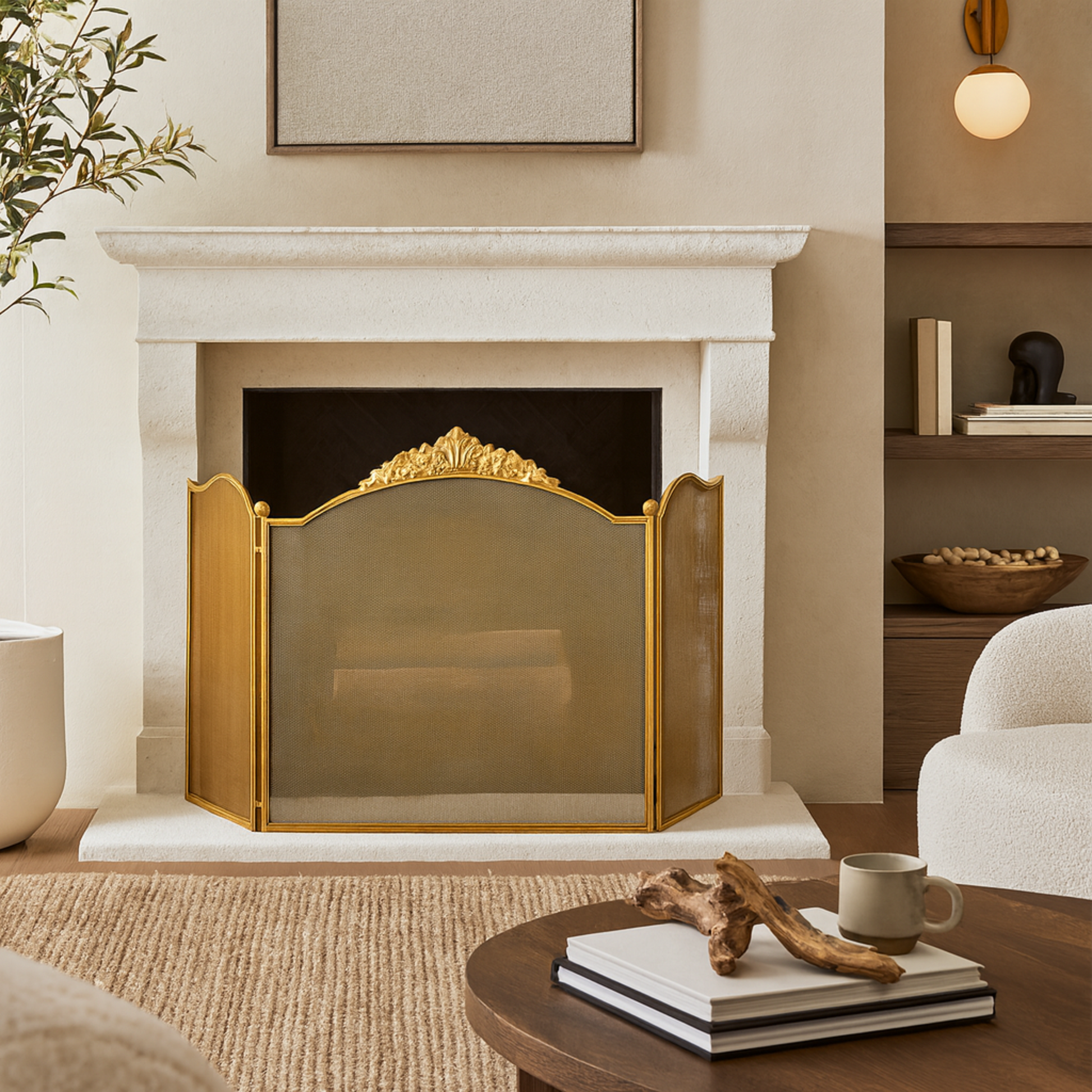 Floral Gold Metal Ornate Antique Arched 3 Panel Living Room Fireplace Screen with Finial Accents