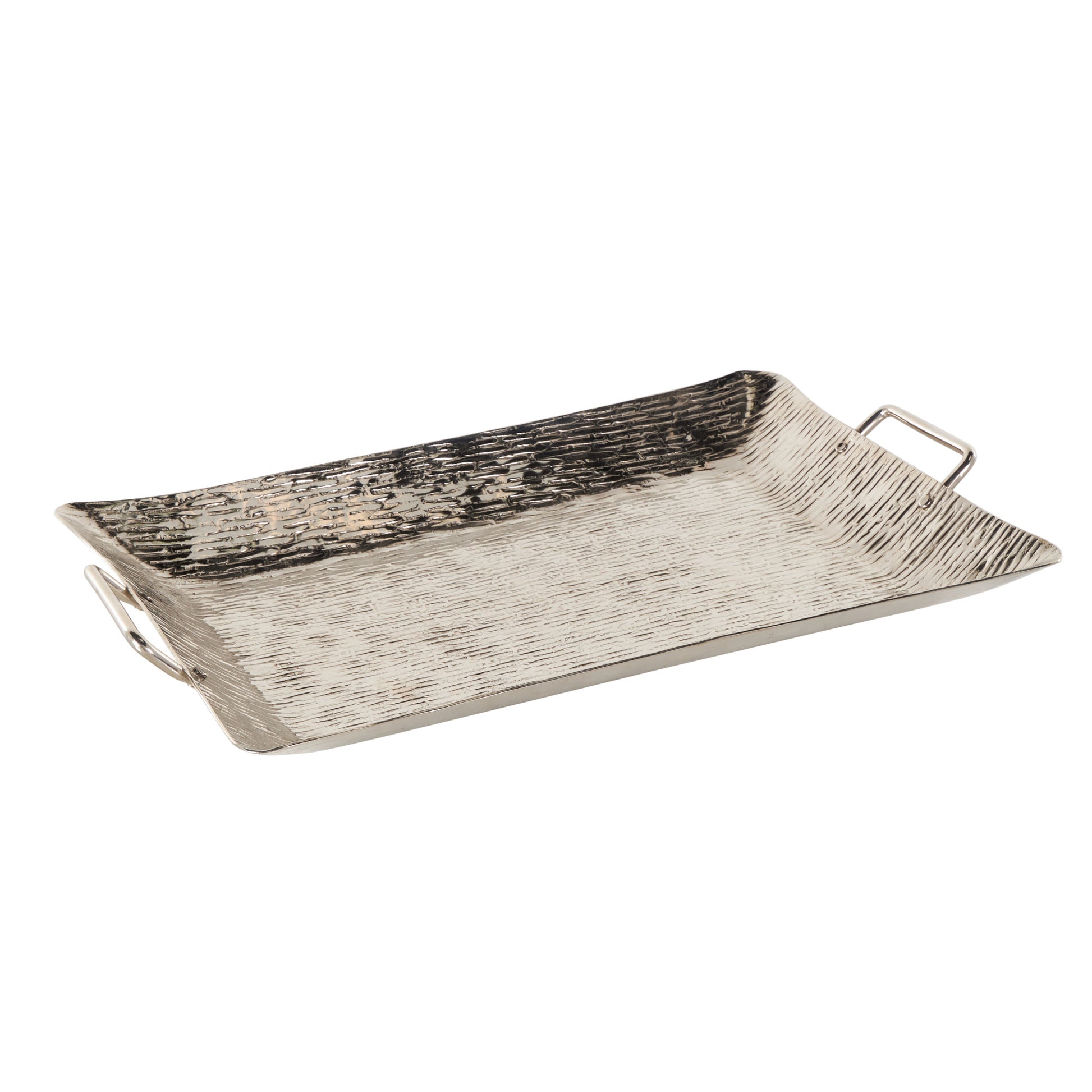 Silver Aluminum Metal Ribbed Living Room Decor Tray with Handles