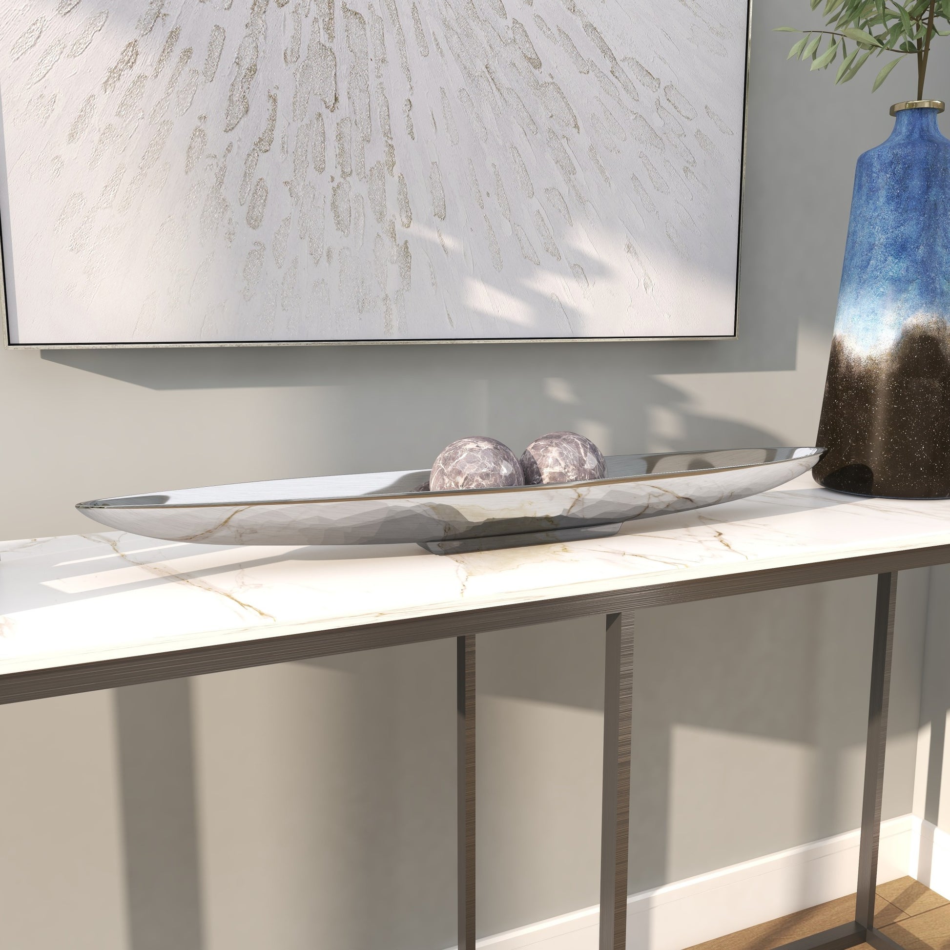 Boat Silver Aluminum Metal Sleek Living Room Decor Tray with Elevated Base