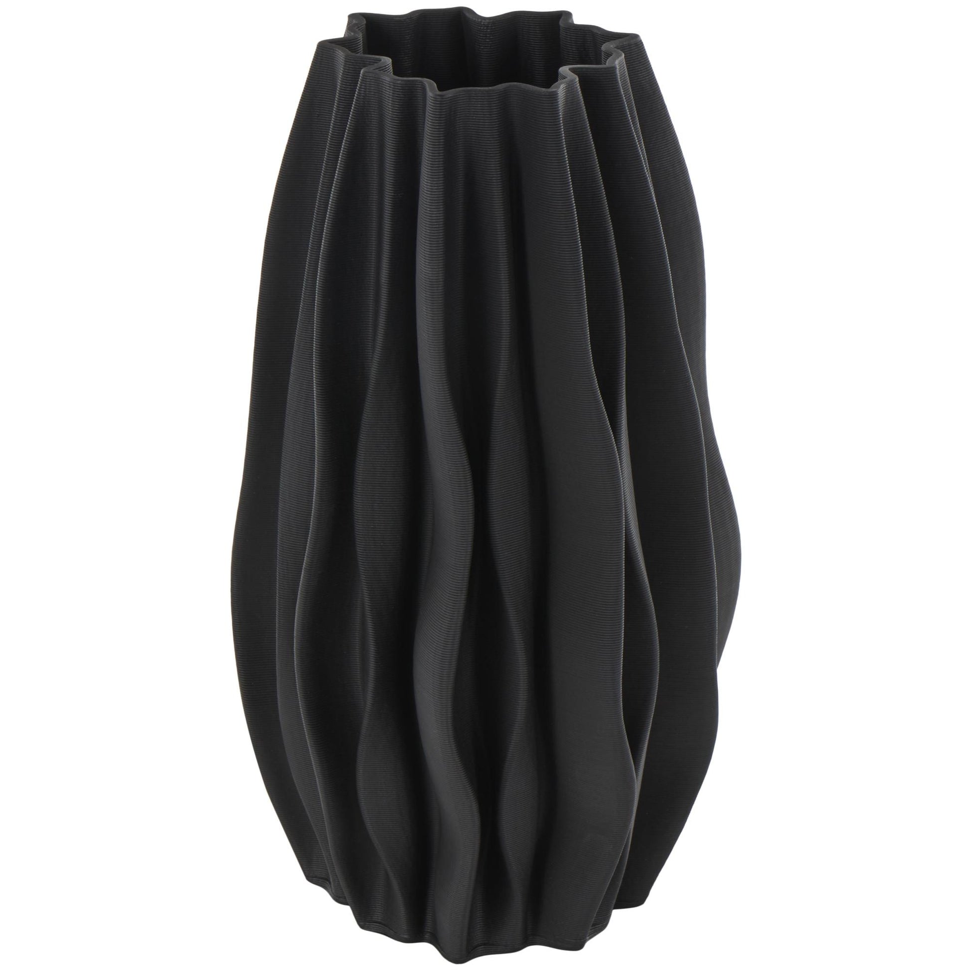 Abstract Black Ceramic Dimensional Wavy Ribbed Decorative Vase with Floral Shaped Rim