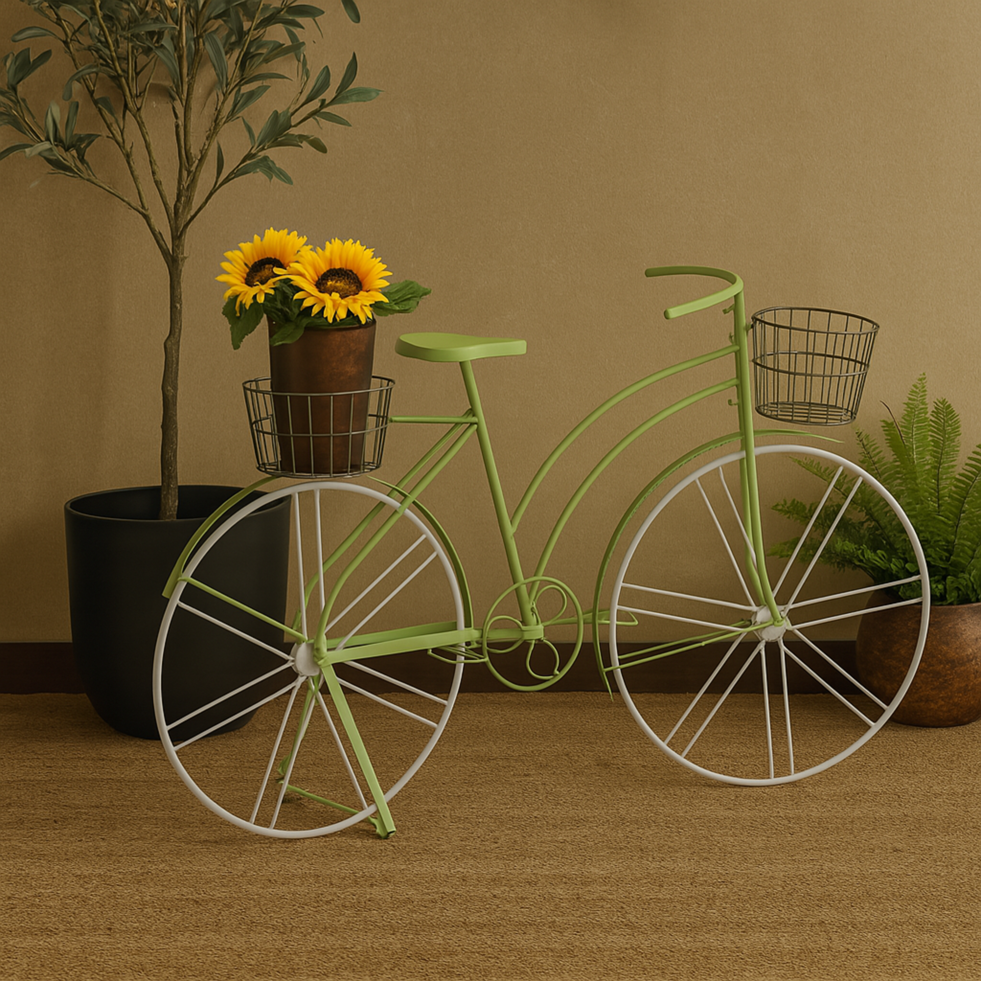 Bike Green Metal Indoor Outdoor Plantstand with Basket and Saddle Bag Planters