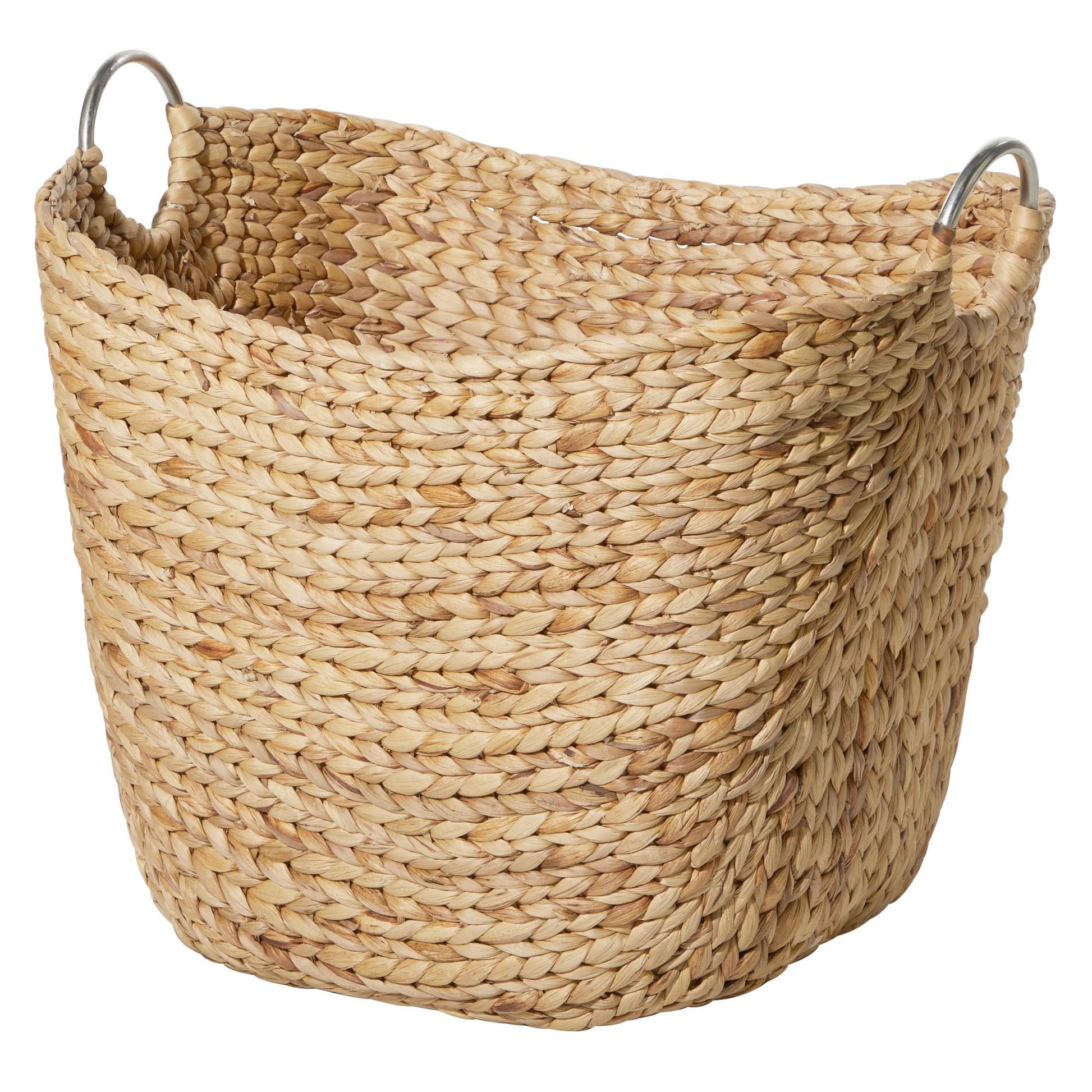 Brown Seagrass Handmade Large Woven Decorative and Functional Storage Basket with Ring Metal Handles