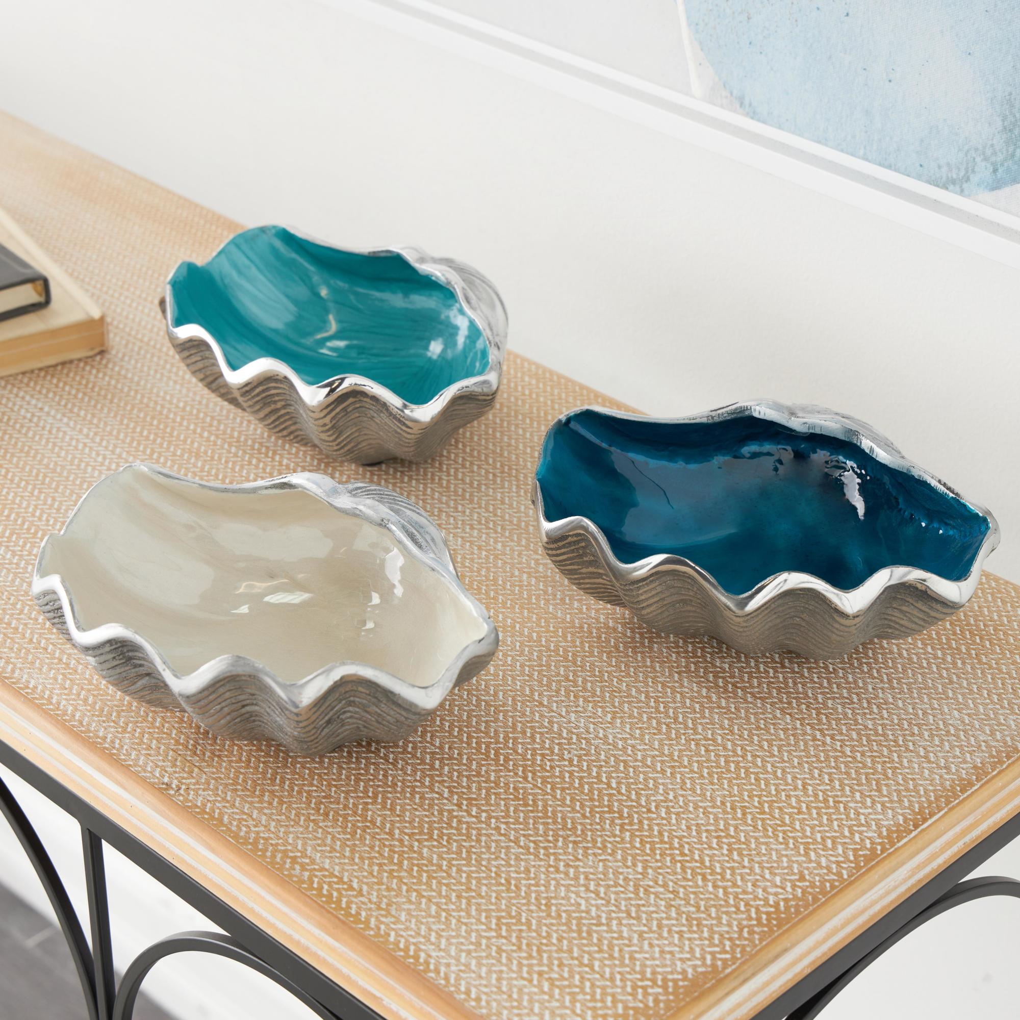 Set of 3 Shell Multi Colored Aluminum Metal Enameled Large Decorative Bowl with Silver Bases