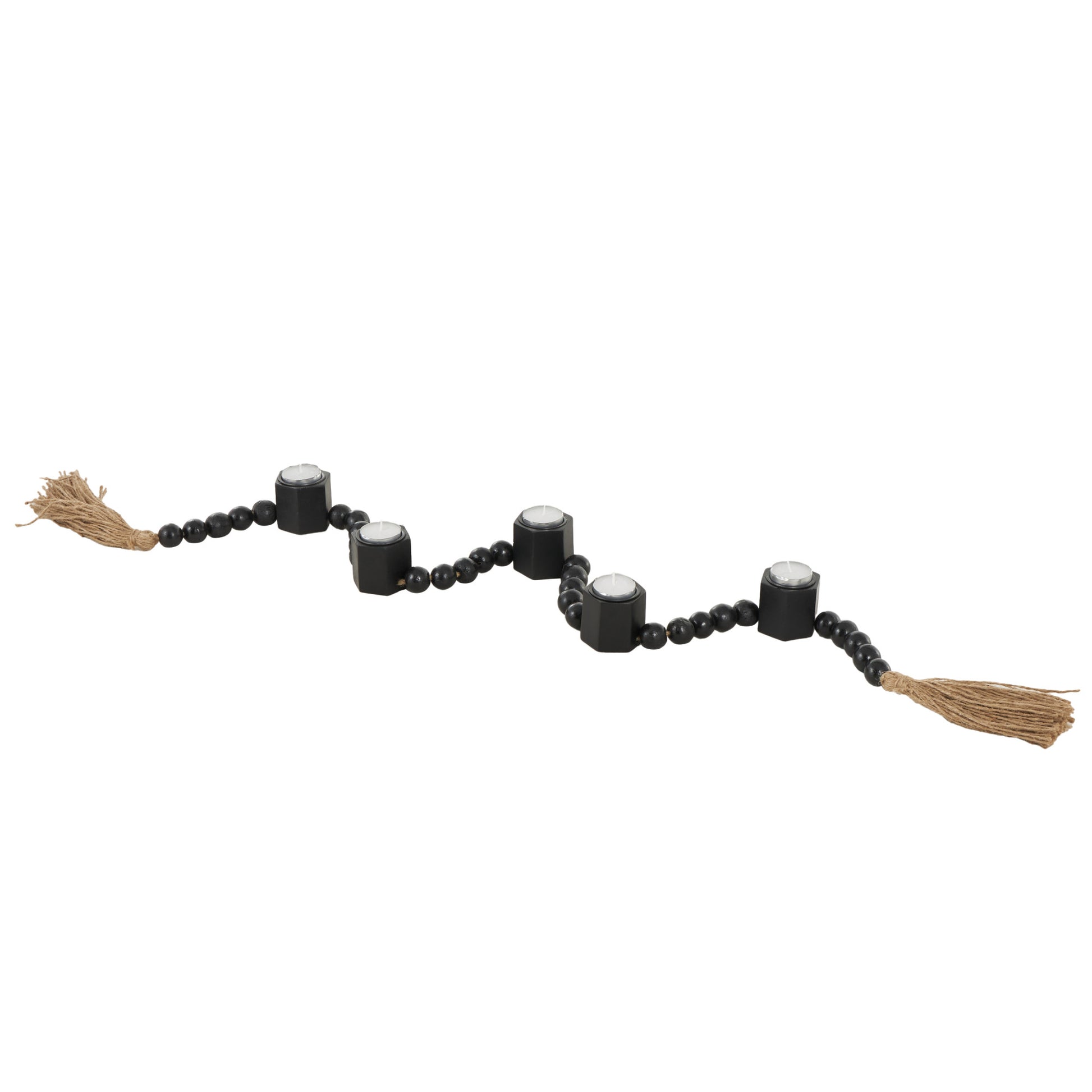 Mango Wood Garland Decorative Candle Holder with Brown Tassel