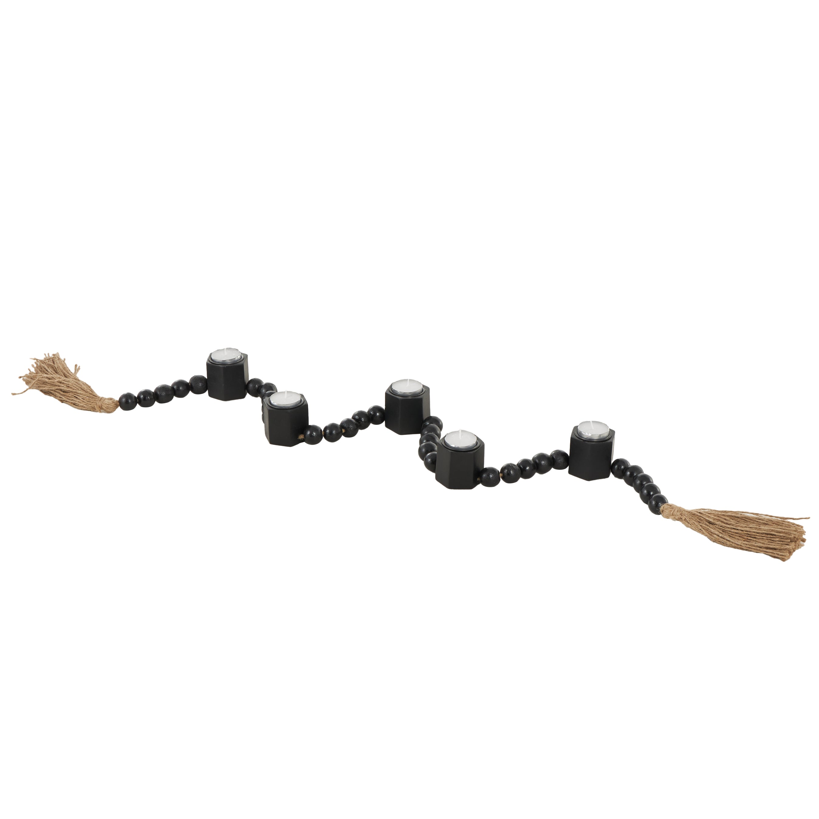 Mango Wood Garland Decorative Candle Holder with Brown Tassel