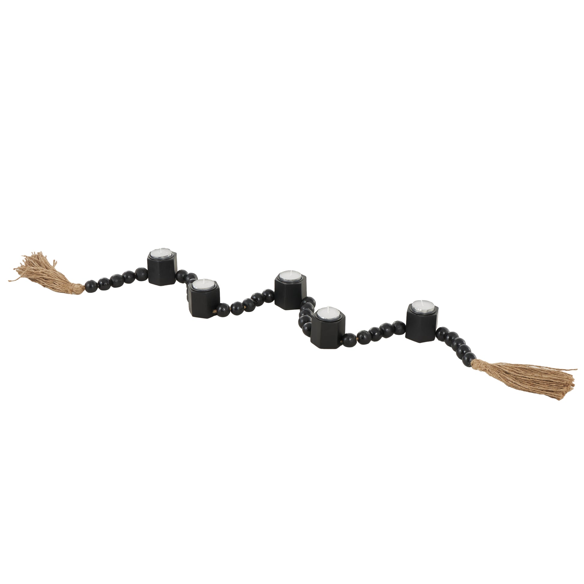 Mango Wood Garland Decorative Candle Holder with Brown Tassel