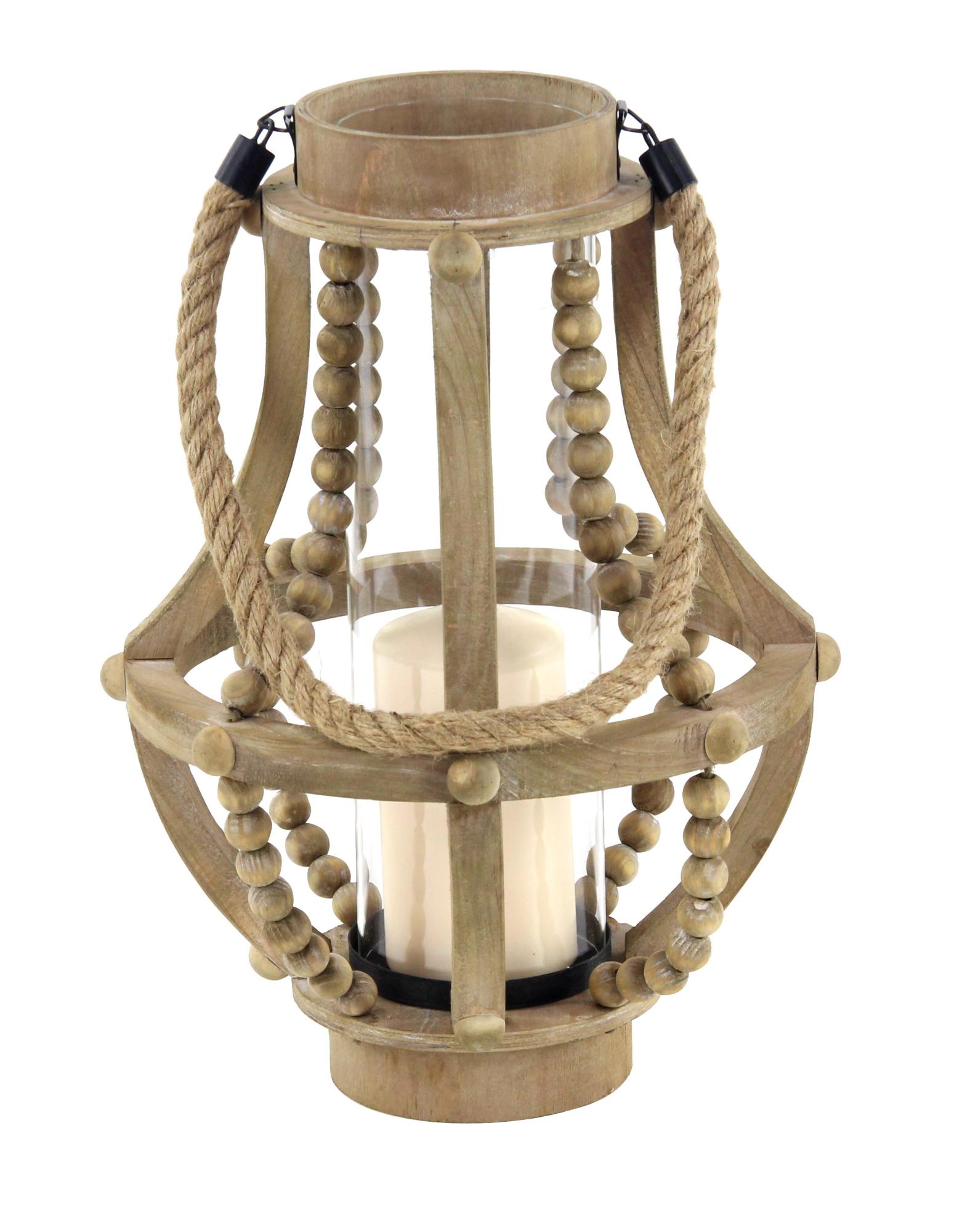 Beige Reclaimed Wood Beaded Decorative Indoor Outdoor Candle Lantern