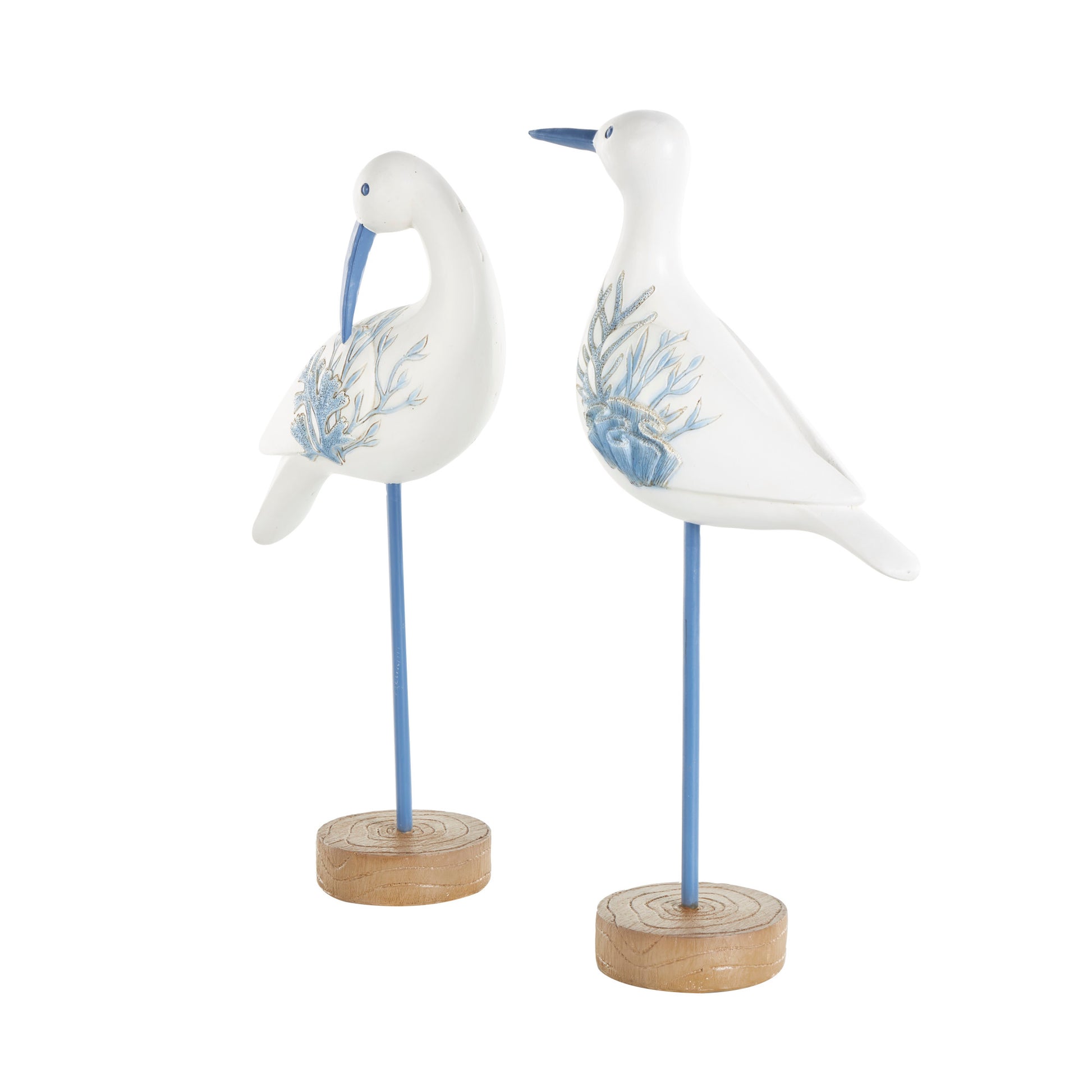 Set of 2 Bird White Polystone Decorative Sculpture with Blue Coral Patterns and Wood Inspired Bases
