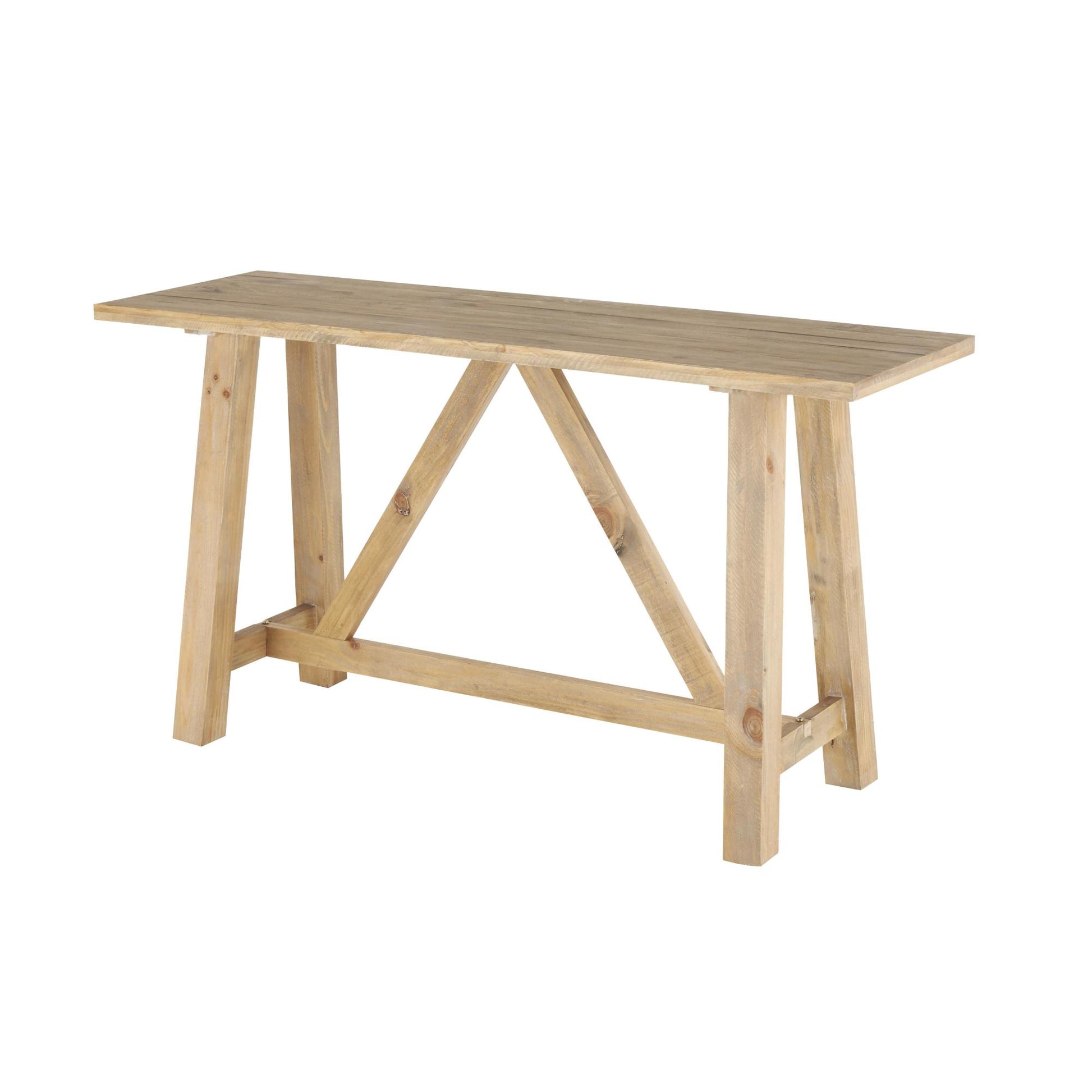 Light Brown Wood Rectangular Living Room Console Table with Flared Legs and Crossed Beams