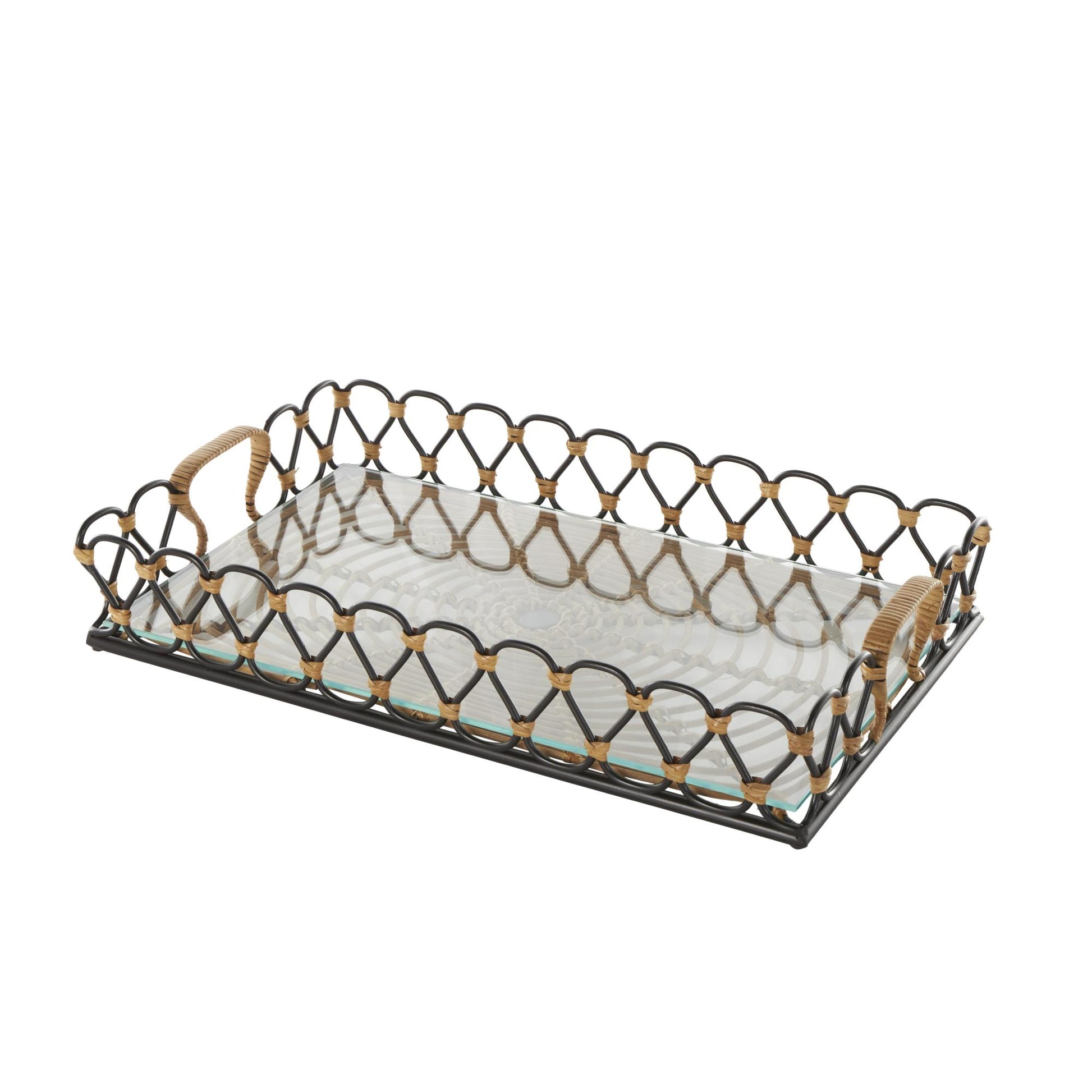 Black Metal Circular Woven Living Room Decor Tray with Glass Base