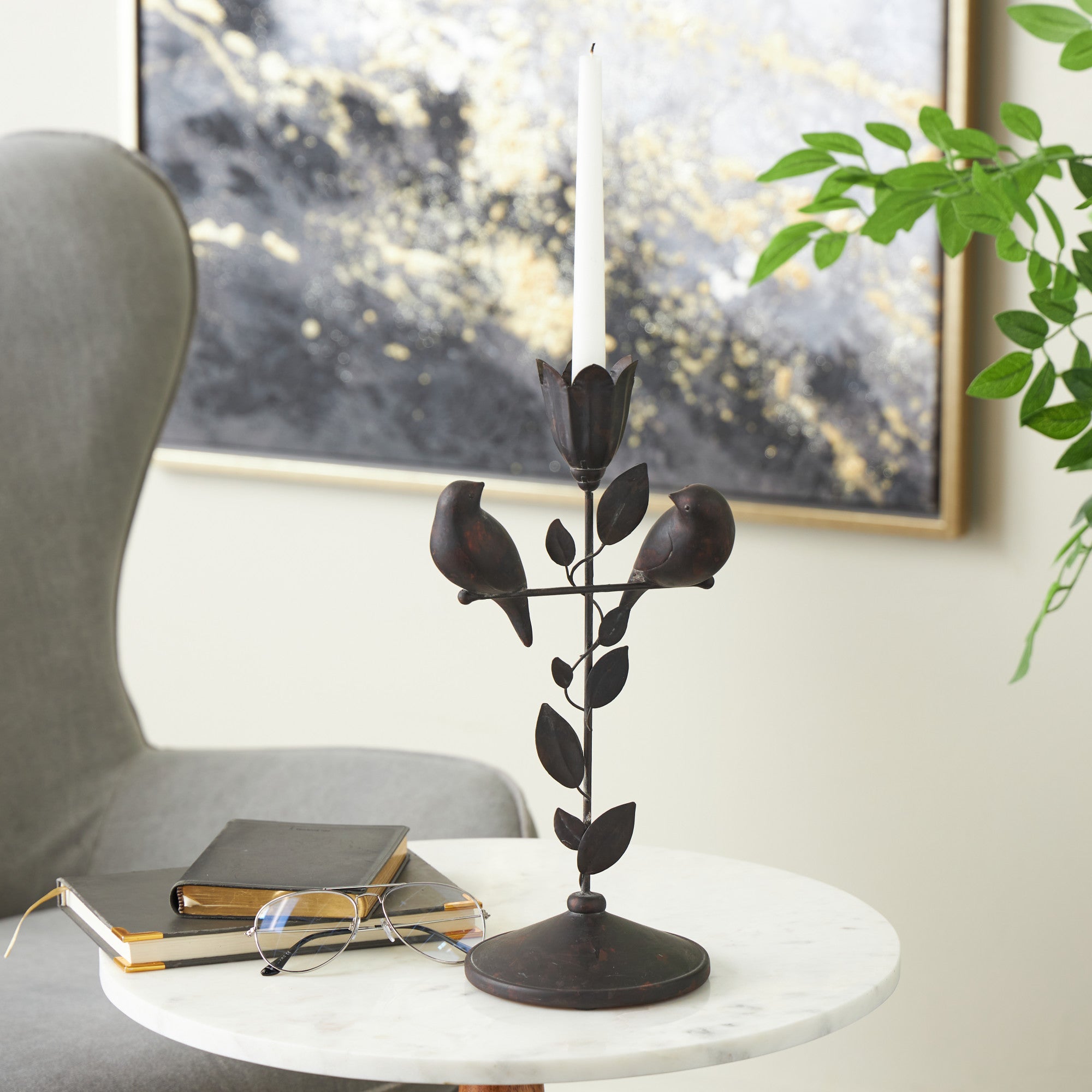 Bird Black Polystone Perching Decorative Sculpture with Leaf Vine and Copper Shading
