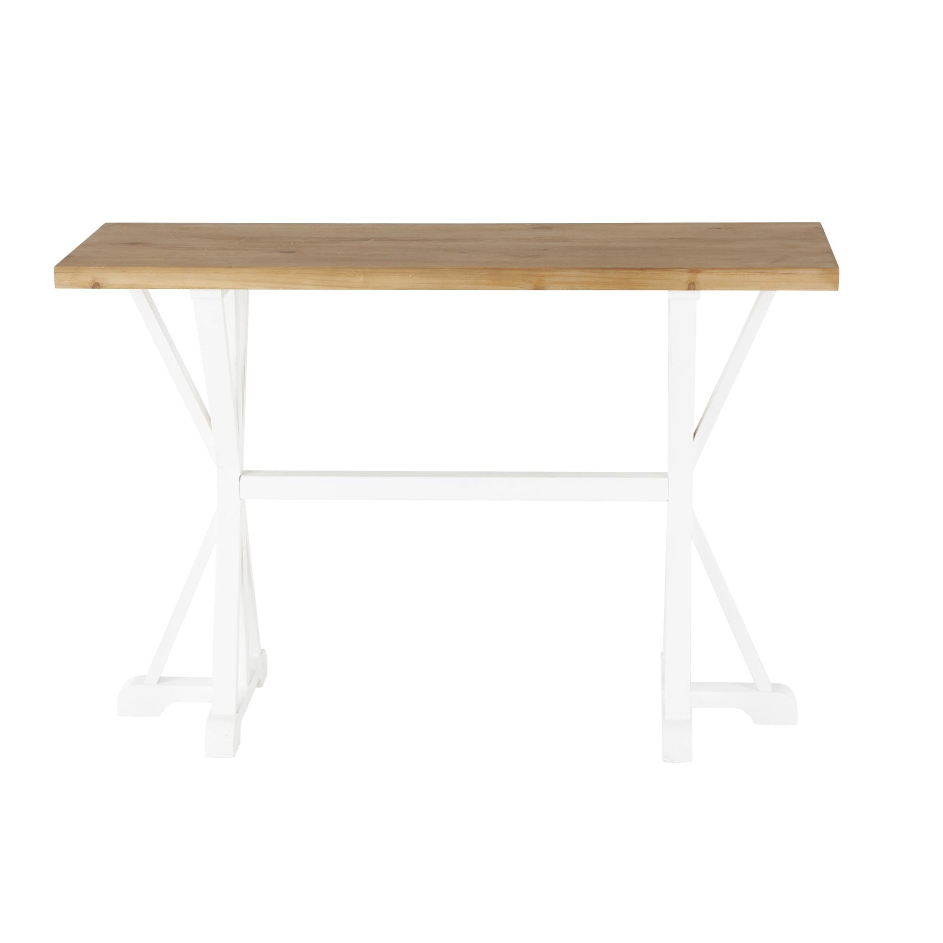 White Wood Rectangular Living Room Console Table with Angled Legs and Brown Tabletop