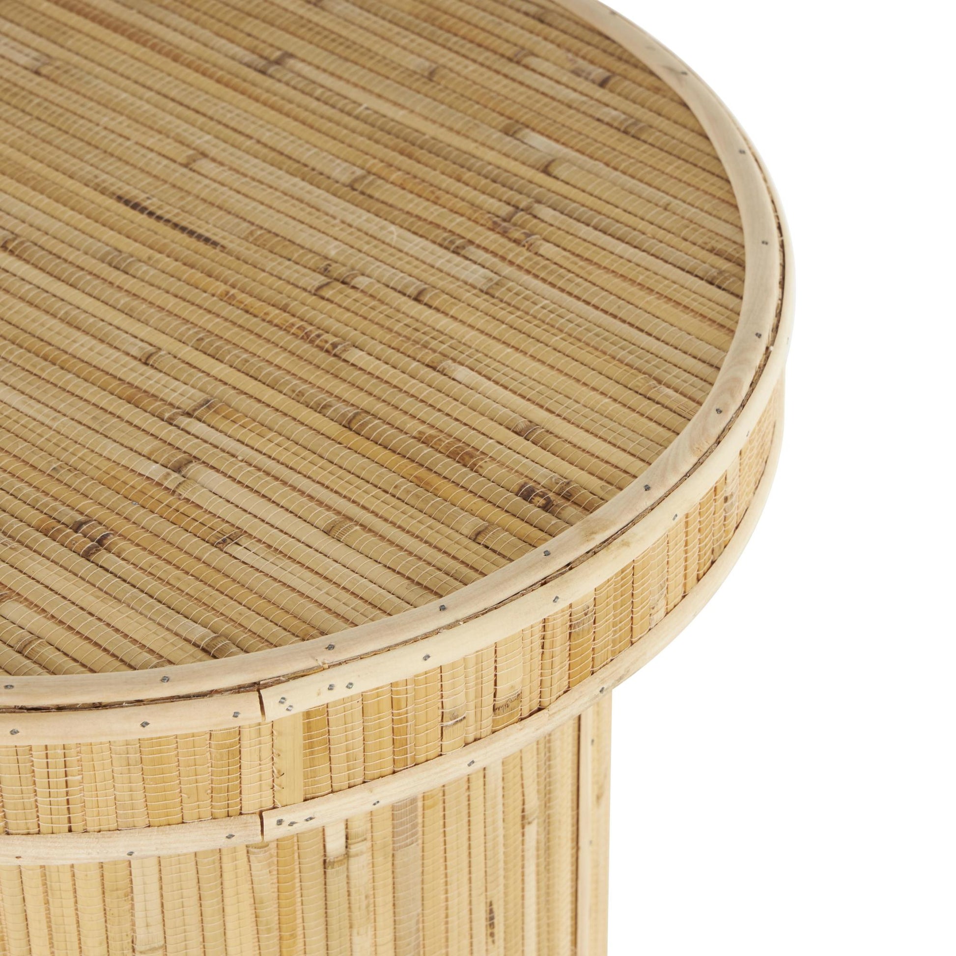 Light Brown Wooden Handmade Side End Accent Table with Linear Wood Strip Design