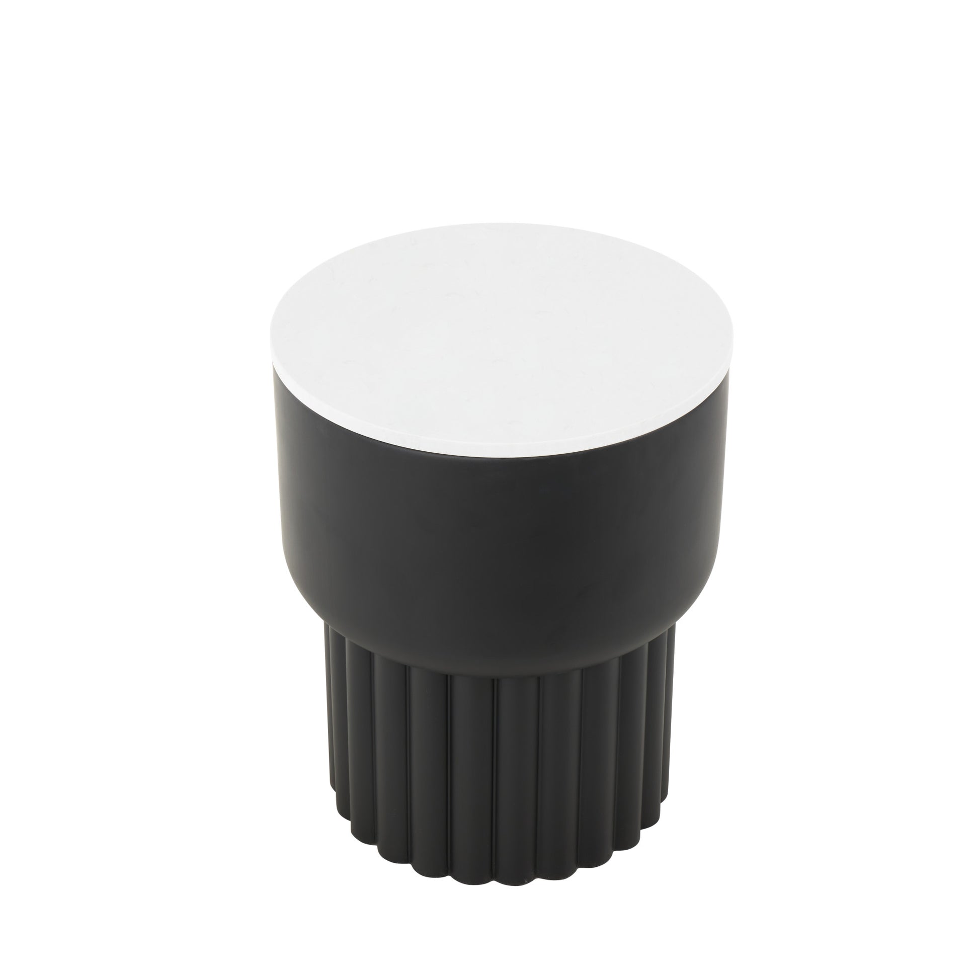 Black Metal Ribbed Side End Accent Table with White Marble Tabletop