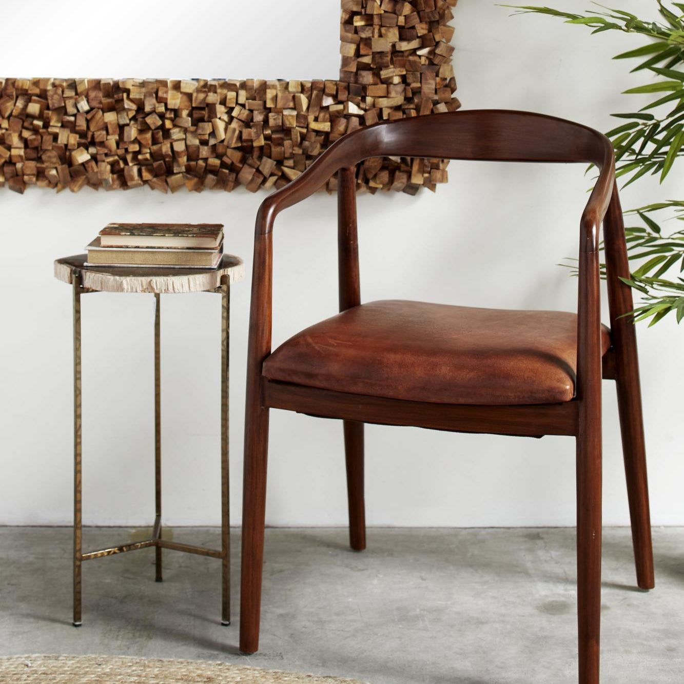 Brown Teak Wood Handmade Kitchen Dining Chair with Leather Cushion