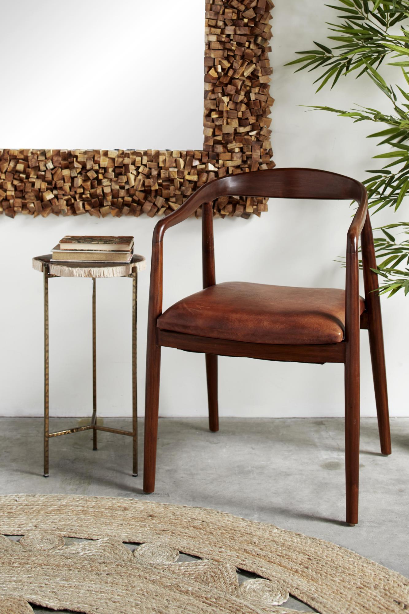 Brown Teak Wood Handmade Kitchen Dining Chair with Leather Cushion