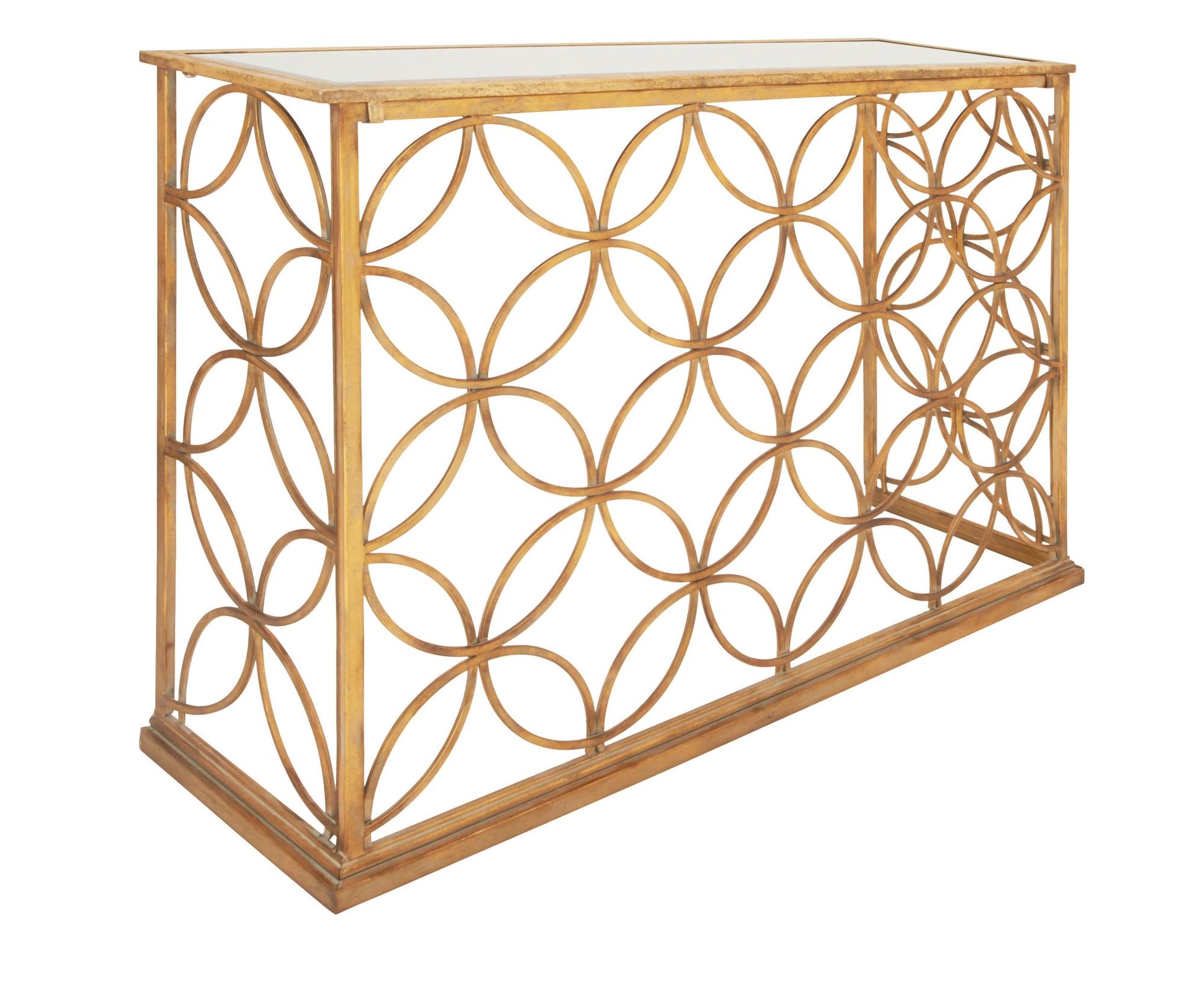 Geometric Gold Metal Weathered Living Room Console Table with Mirrored Glass Top