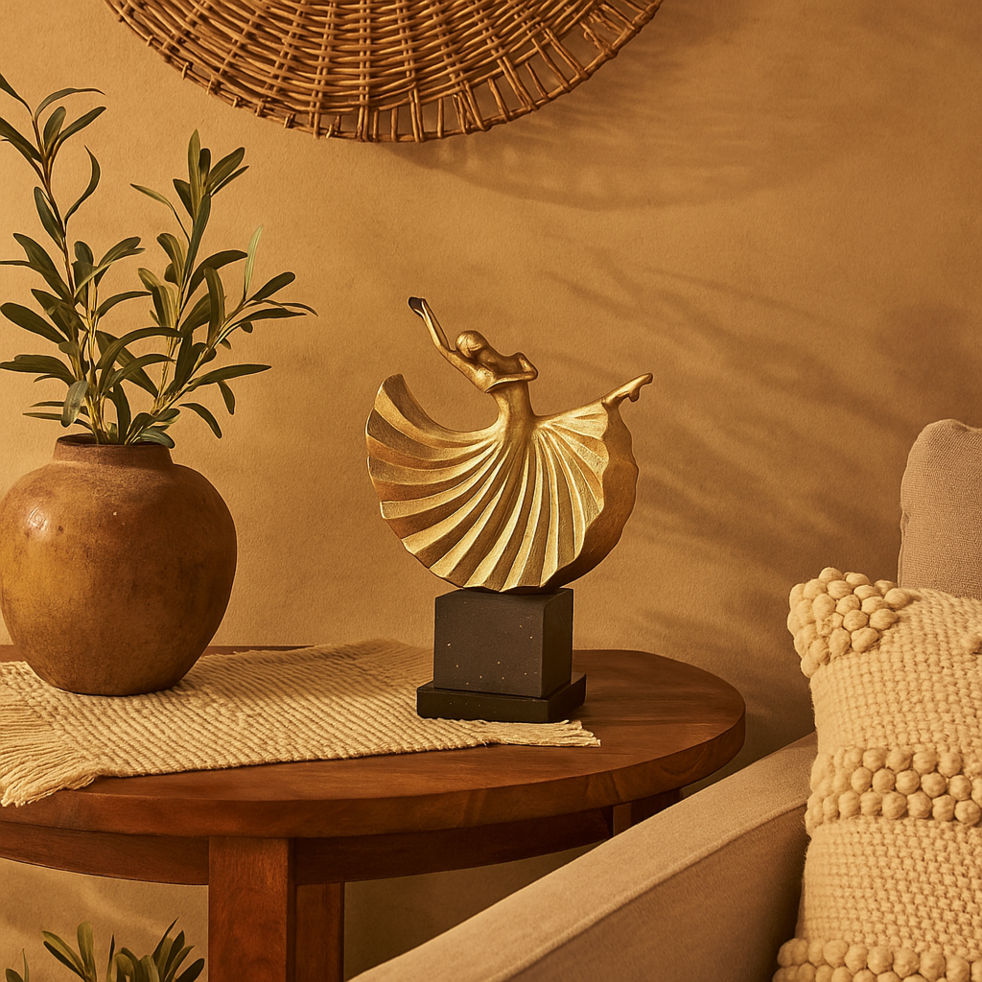 Dancer Gold Polystone Decorative Sculpture with Black Square Base