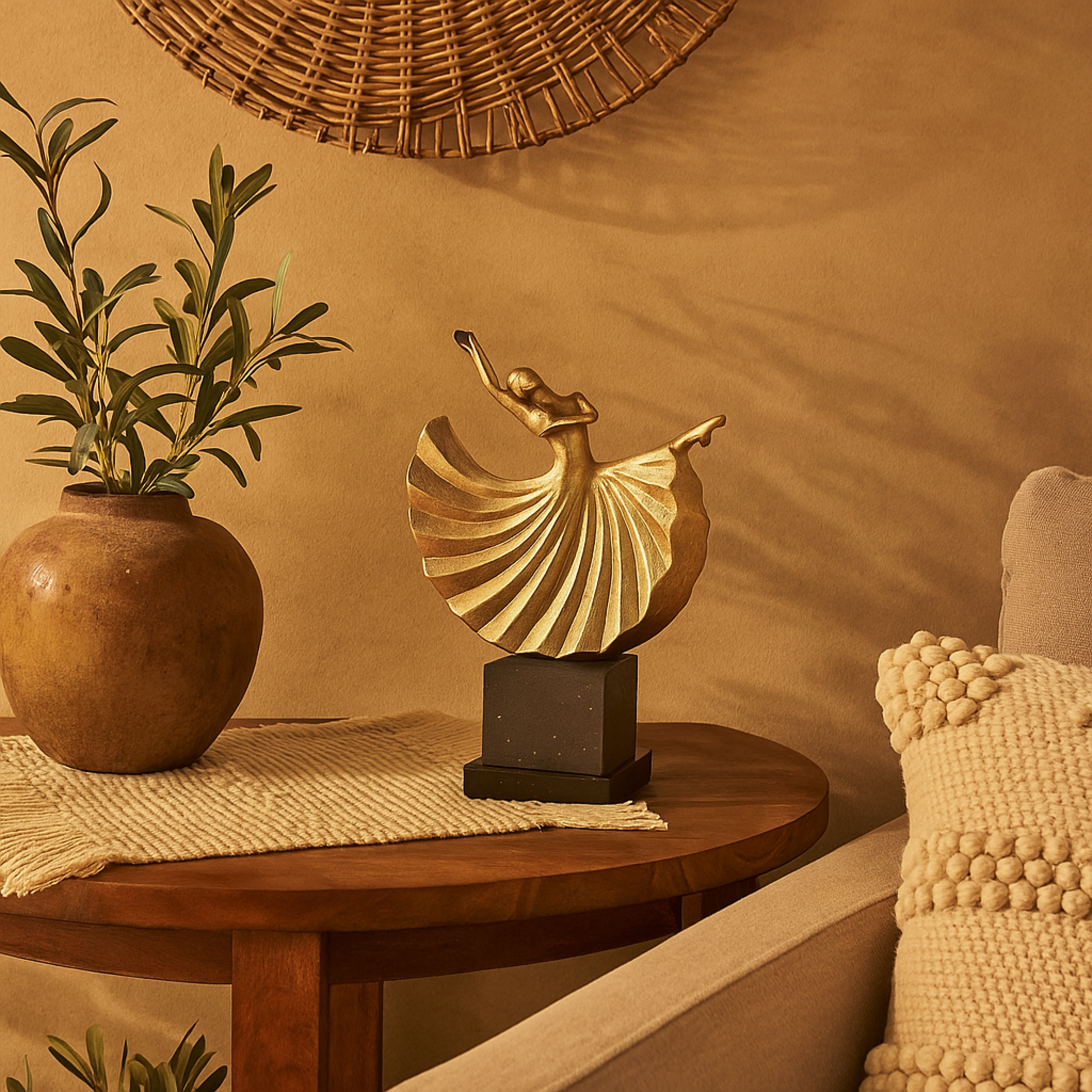 Dancer Gold Polystone Decorative Sculpture with Black Square Base