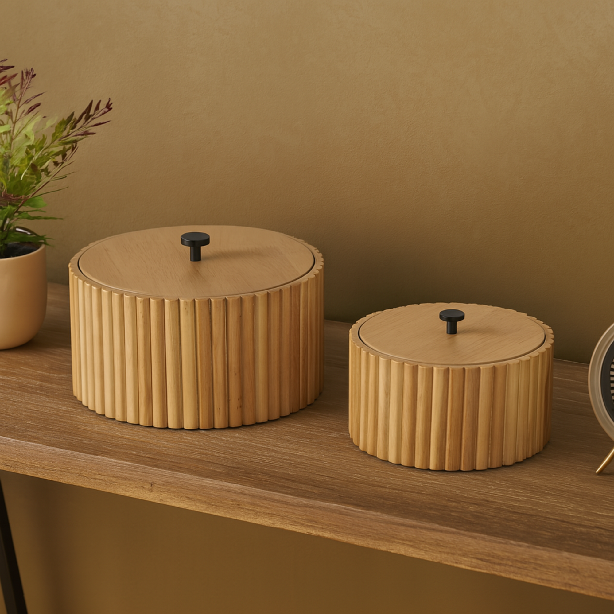 Set of 2 Brown Wooden Handmade Slatted Decorative Box with Lids
