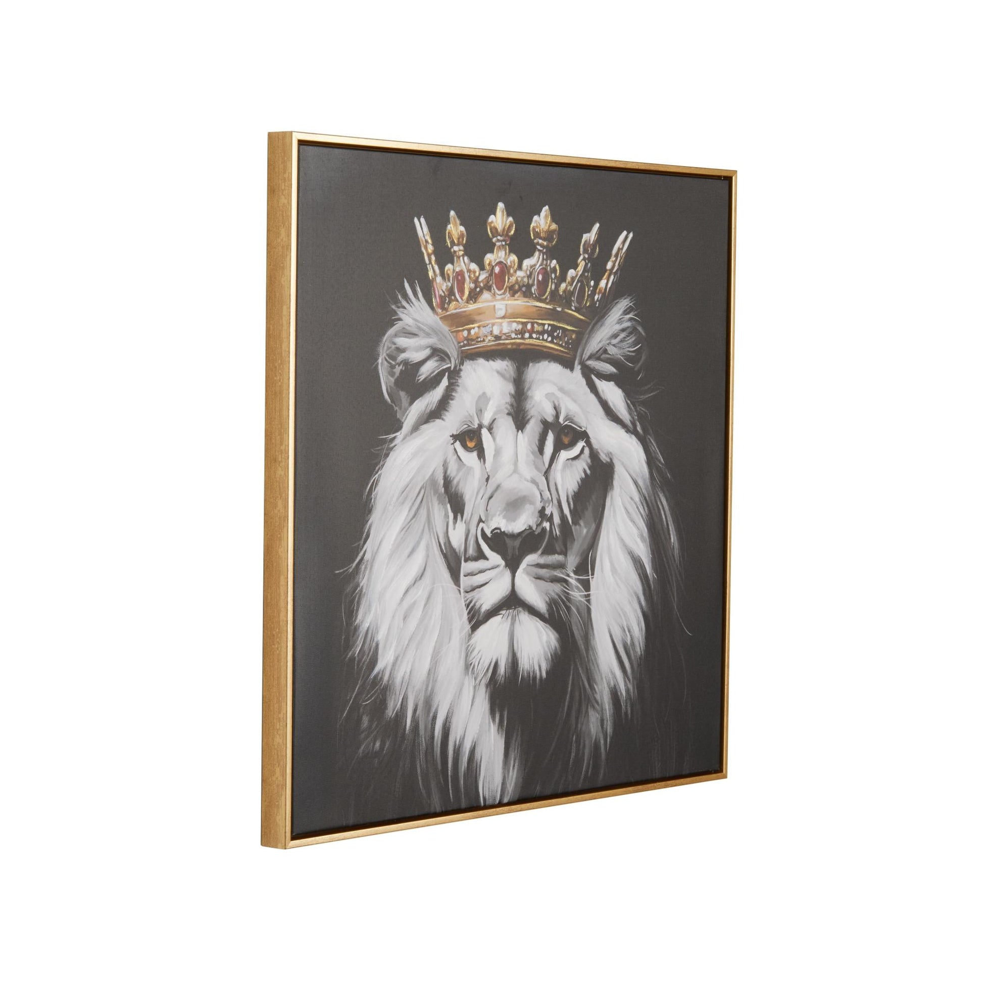 Lion Black Canvas Shaded Living Room Framed Wall Art with Gold Jeweled Crown