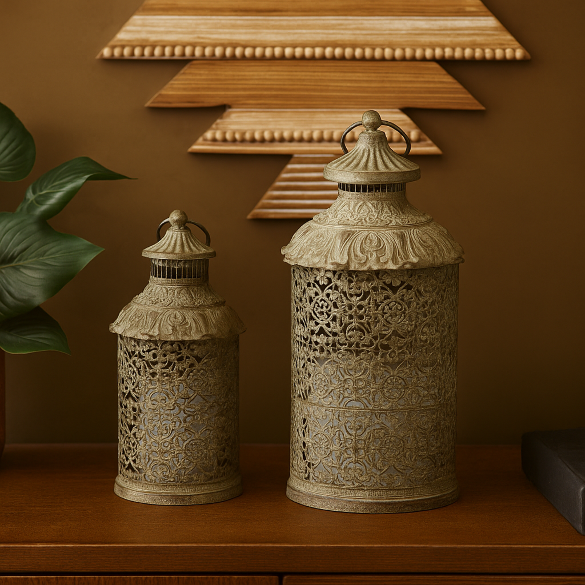 Set of 2 Brown Metal Distressed Vintage Inspired Ornate Indoor Outdoor Candle Lantern