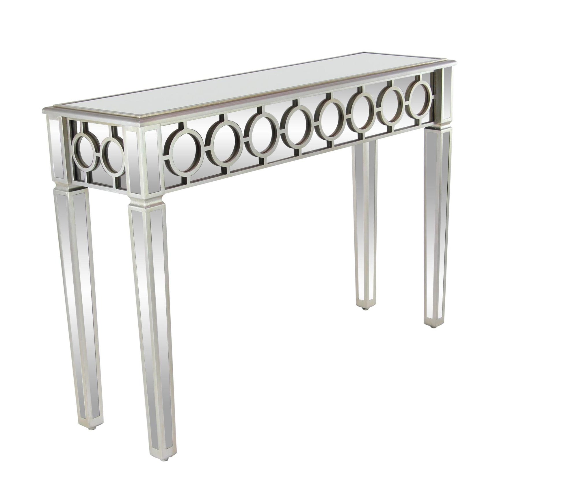 Geometric Silver Glass Mirrored Living Room Console Table with Circular Panel Inlay