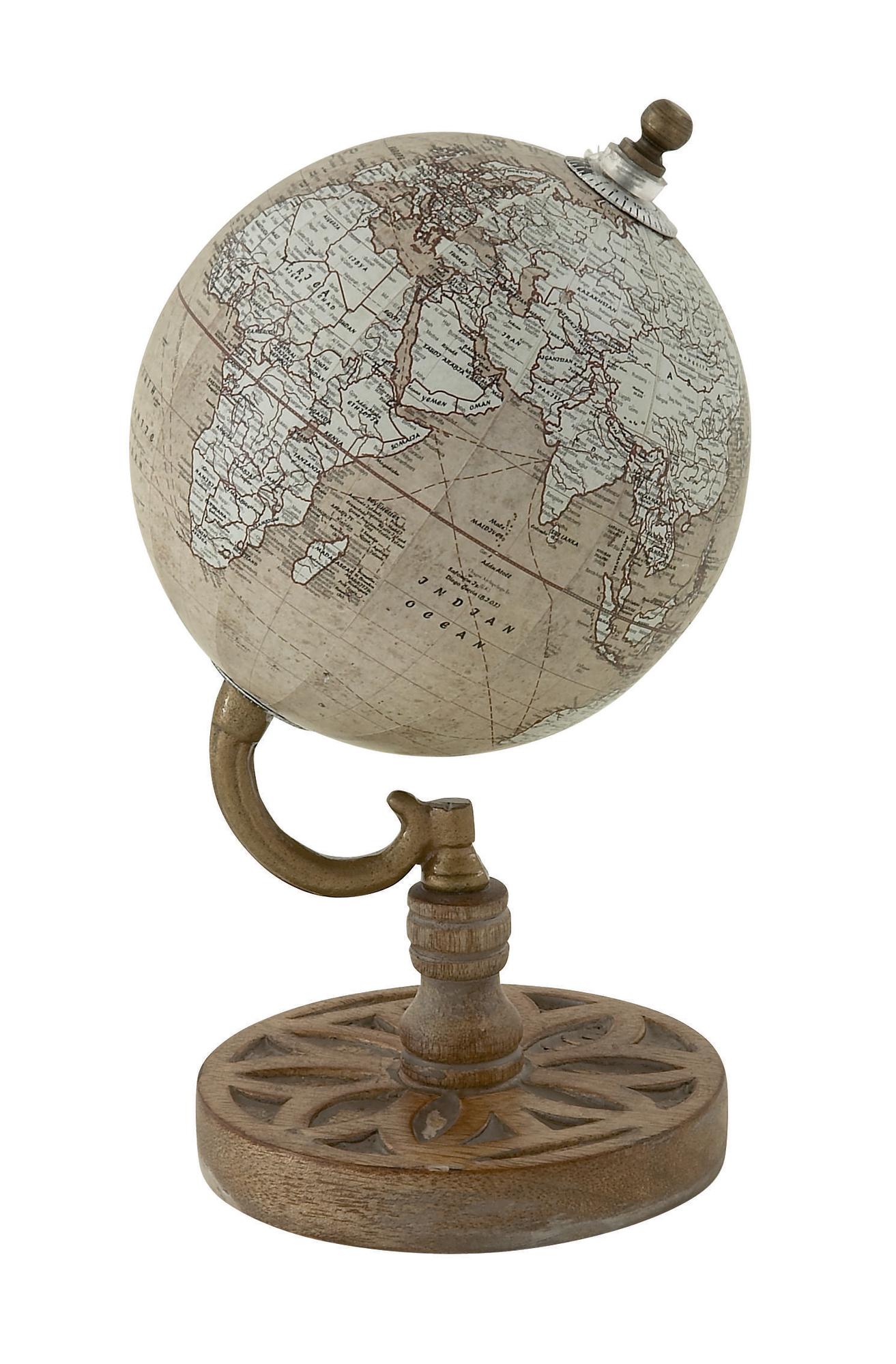World Map Beige Wood Educational/Geographic Earth Globe with Floral Base