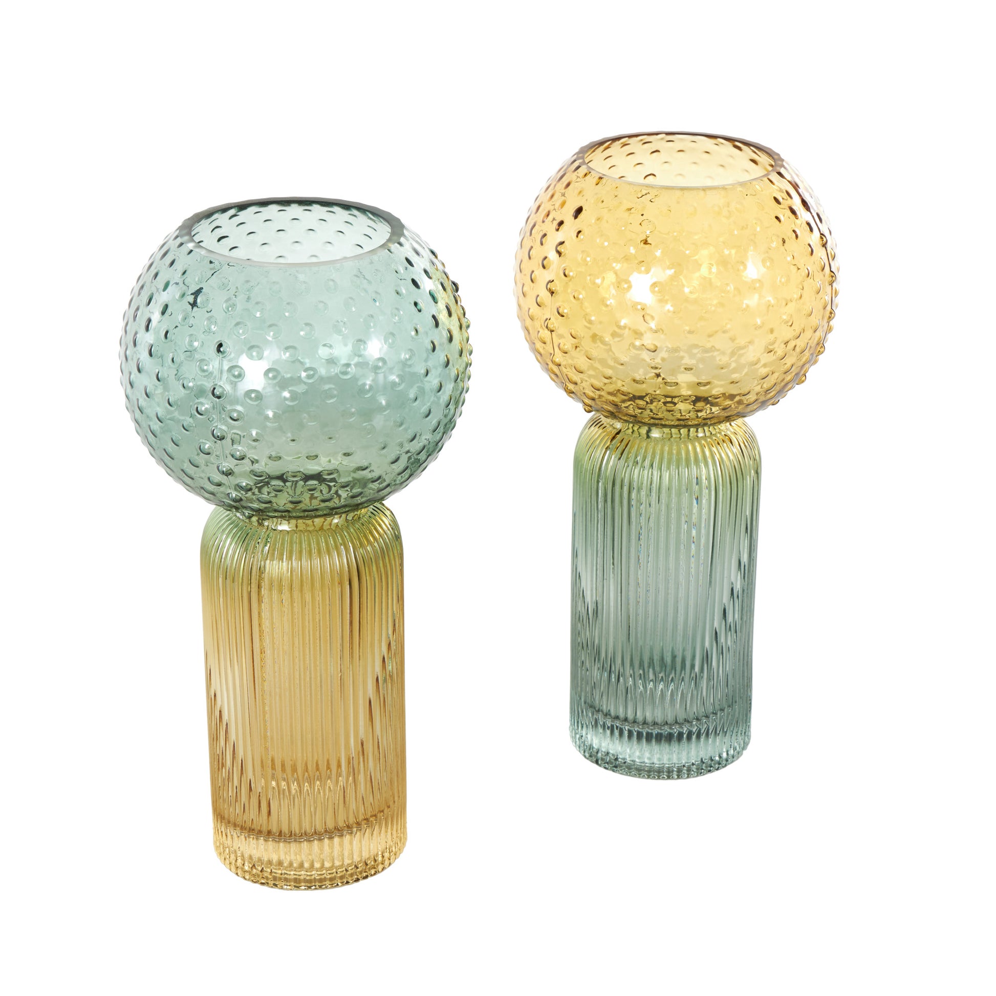 Set of 2 Geometric Multi Colored Glass Ribbed Ombre Decorative Vase