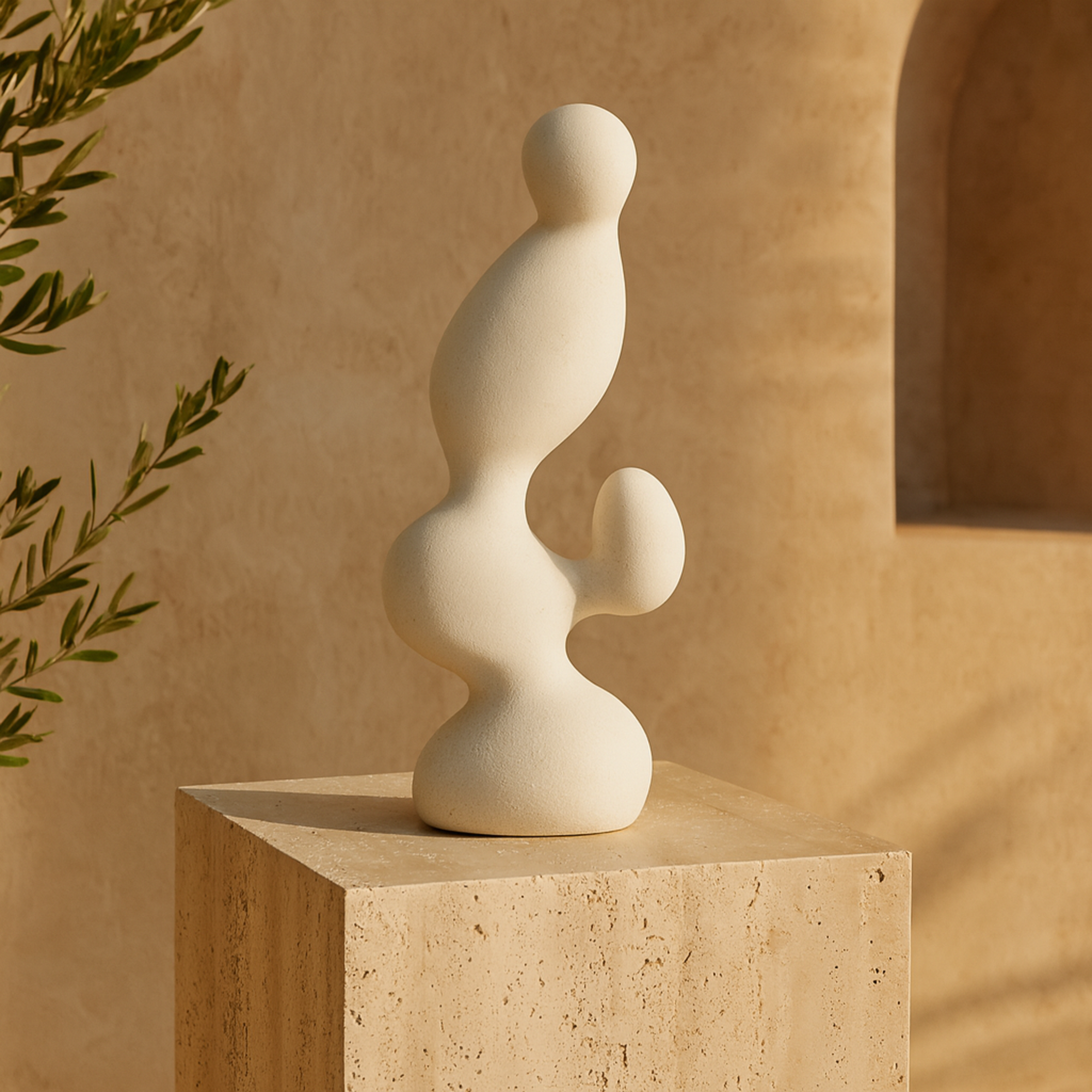 Abstract White Polystone Curved Shaped Decorative Sculpture with Speckled Texturing