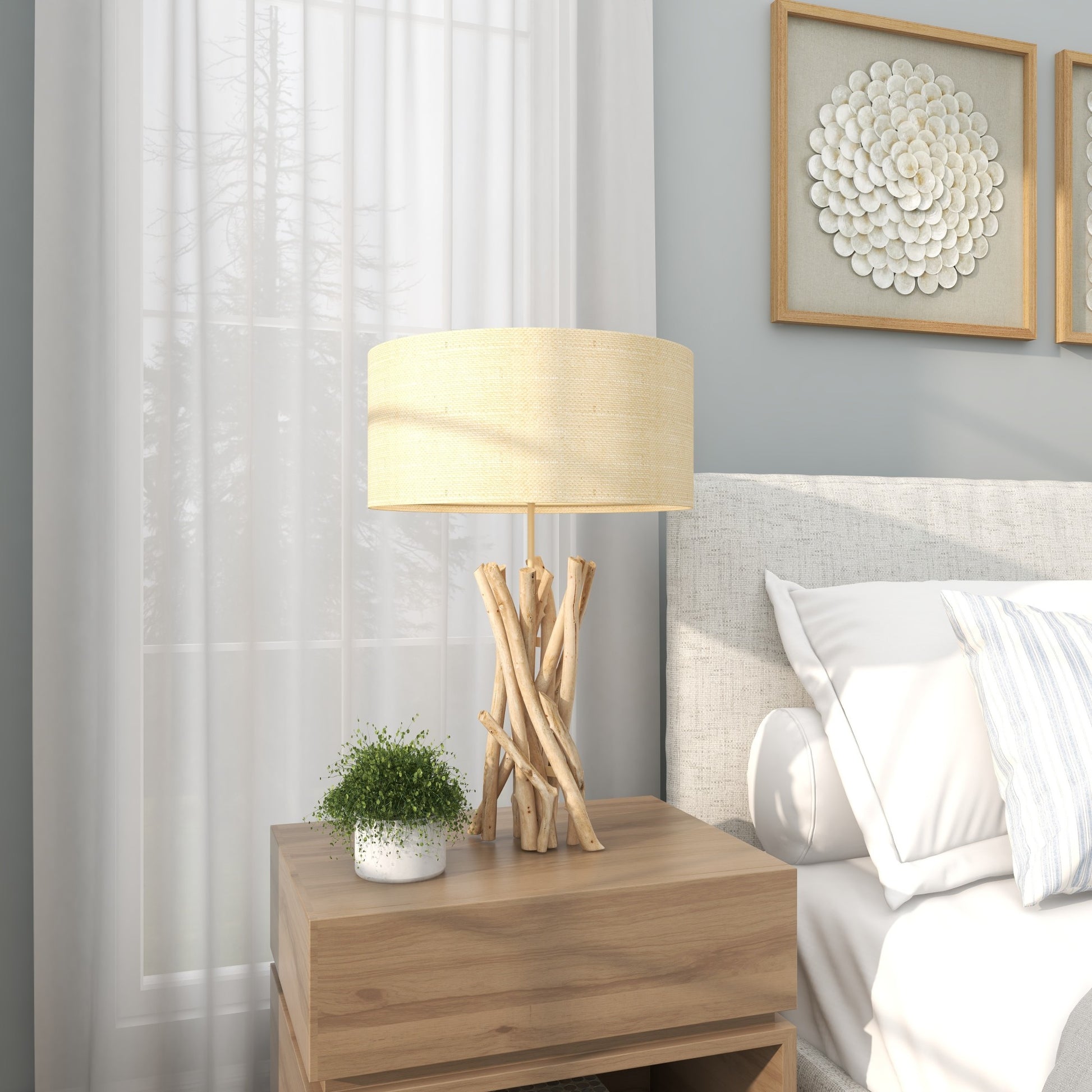 Light Brown Driftwood Handmade Room Table Lamp with Cream Linen Shade