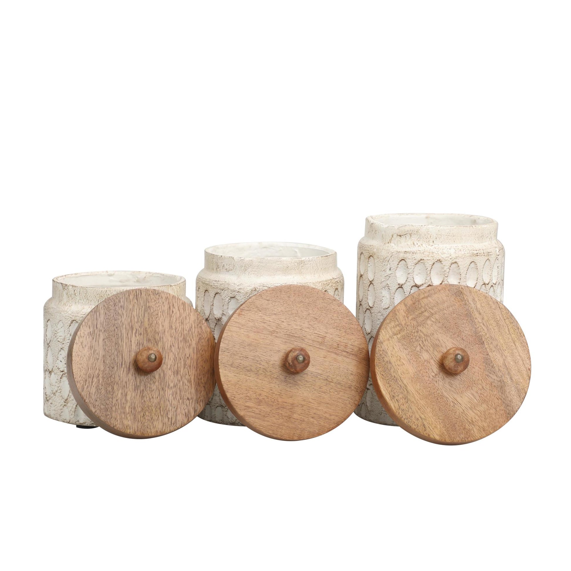Set of 3 Geometric Cream Paper Mache Handmade Carved Spotted Decorative Canisters with Brown Removable Lids