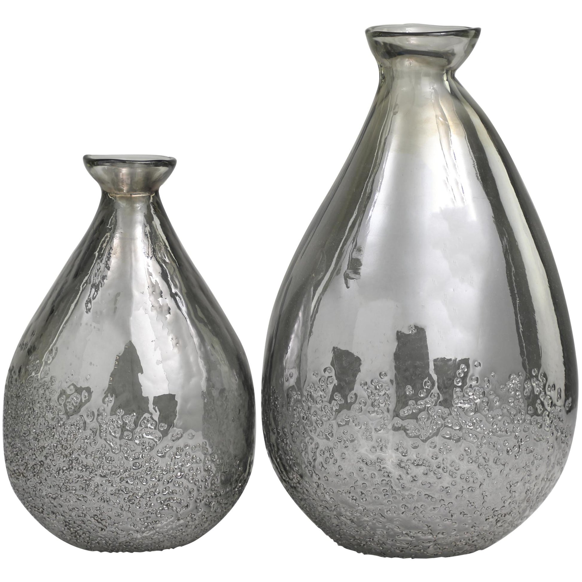 Set of 2 Glass Textured Teardrop Decorative Vase with Textured Base