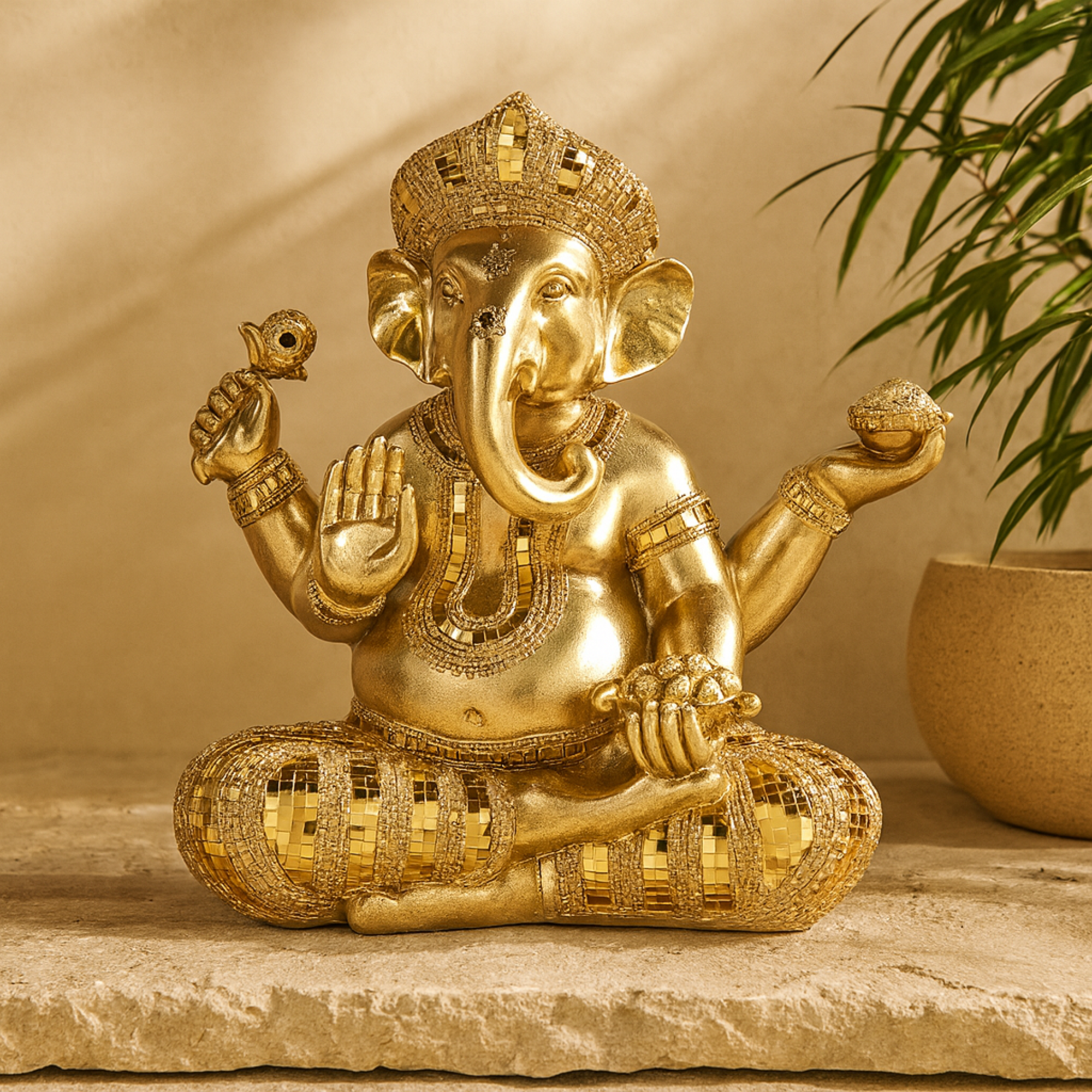 Ganesh Gold Resin Decorative Sculpture with Mosaic Details