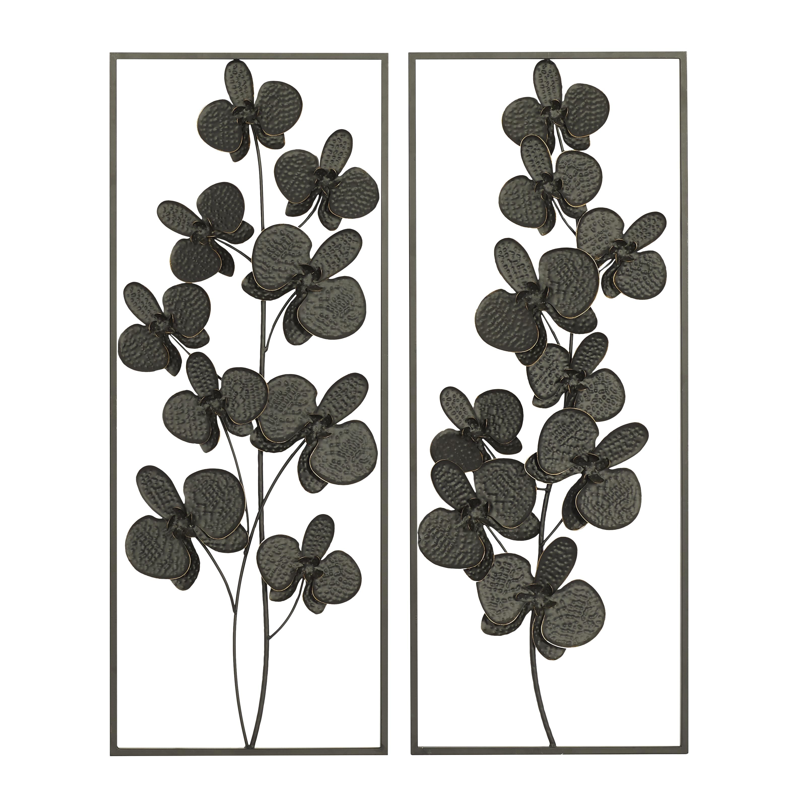 Set of 2 Floral Metal Orchid Home Wall Decor with Black Metal Stand