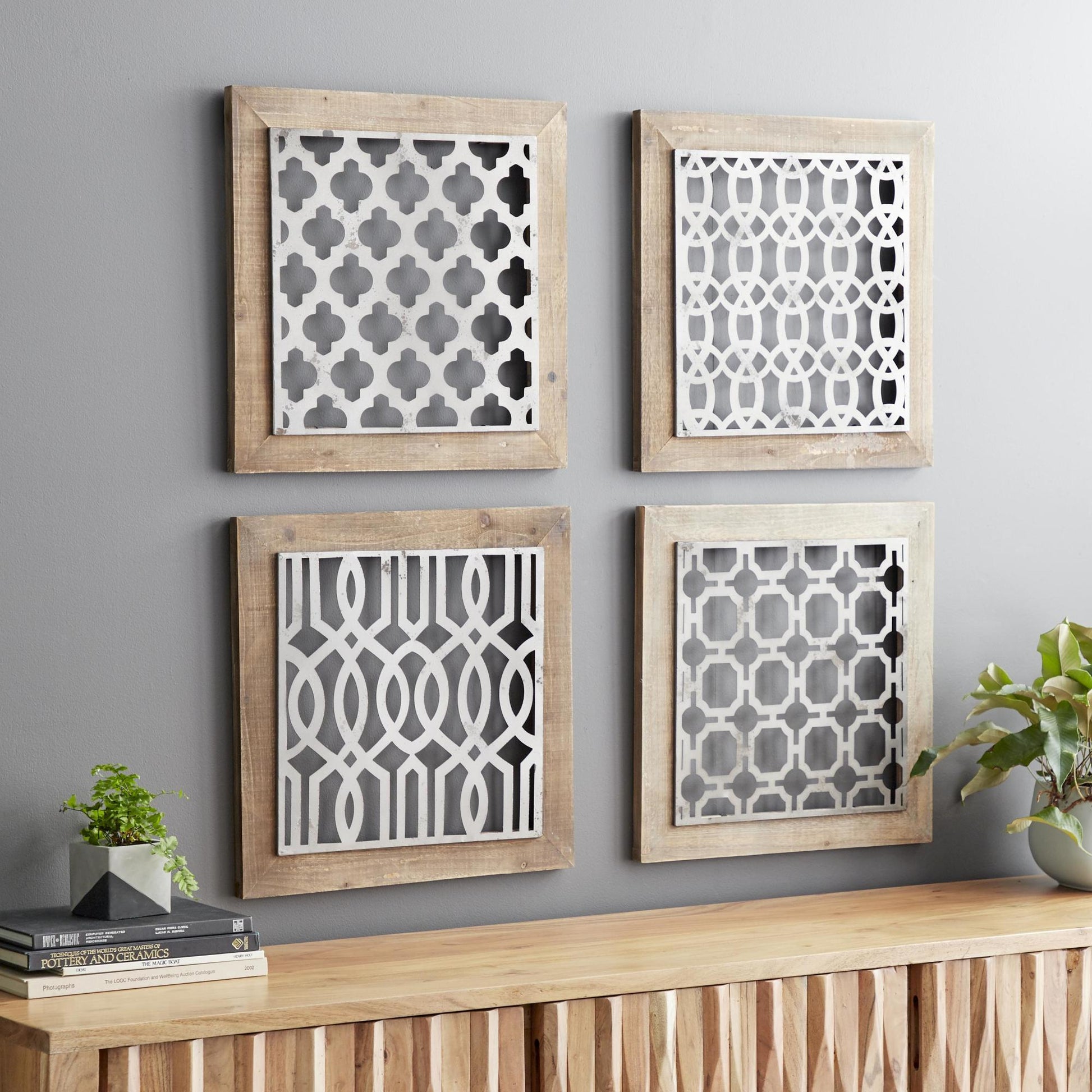 Set of 4 Geometric Brown Wood Home Wall Decor with Silver Metal Trellis Cutouts