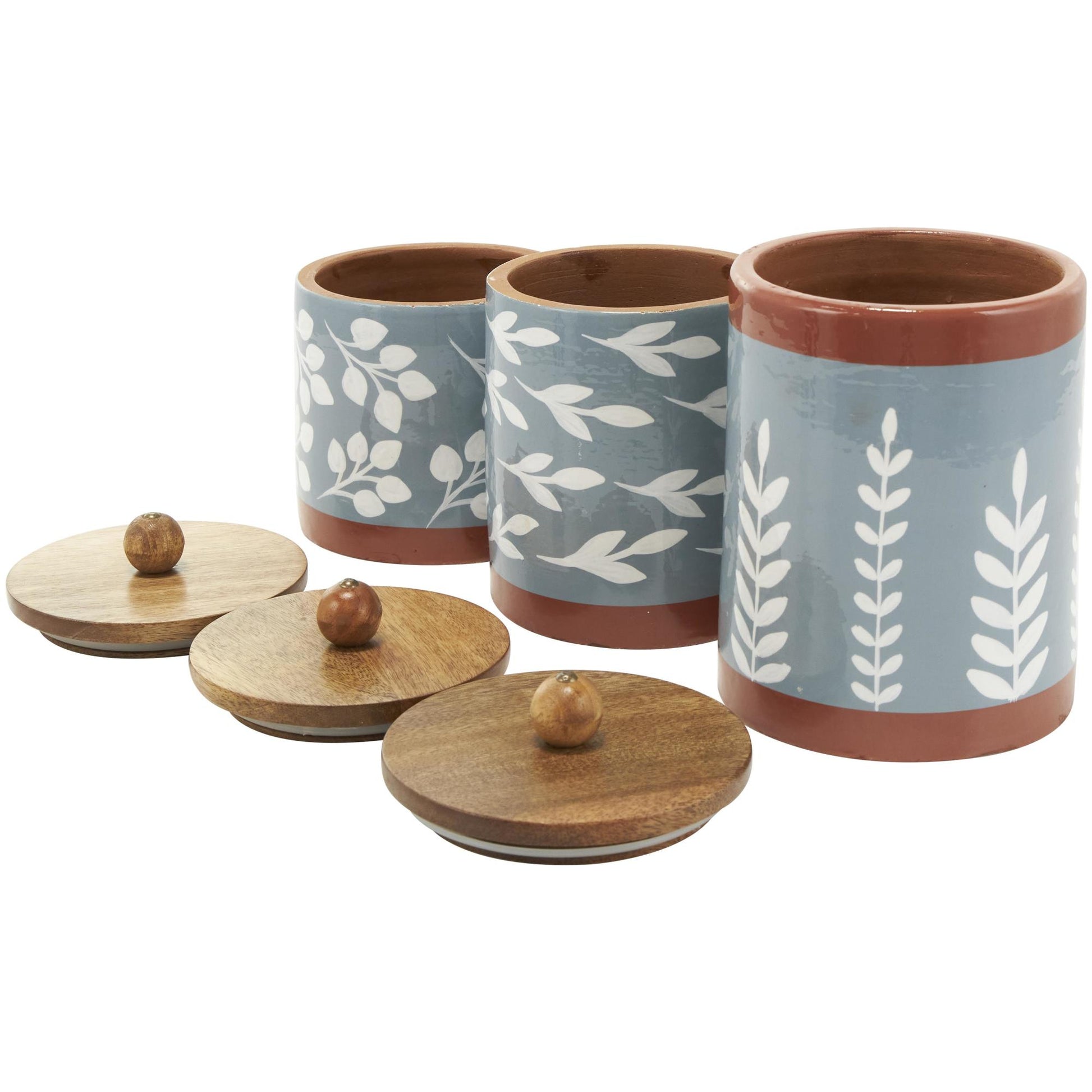 Set of 3 Floral Ceramic Decorative Canisters with Wood Lids